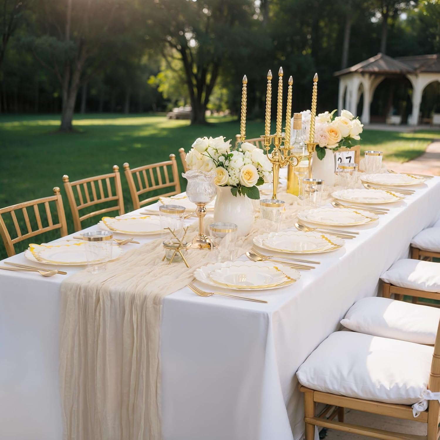 WONDERFUL 351pcs Ivory Plastic Plates - Upgrade Gold Plastic Dinnerware set Includes 100 Disposable Plates 150 Gold Silverware 50 Cups 50 Wedding Napkins 1 Table Runner for Wedding & High End Party