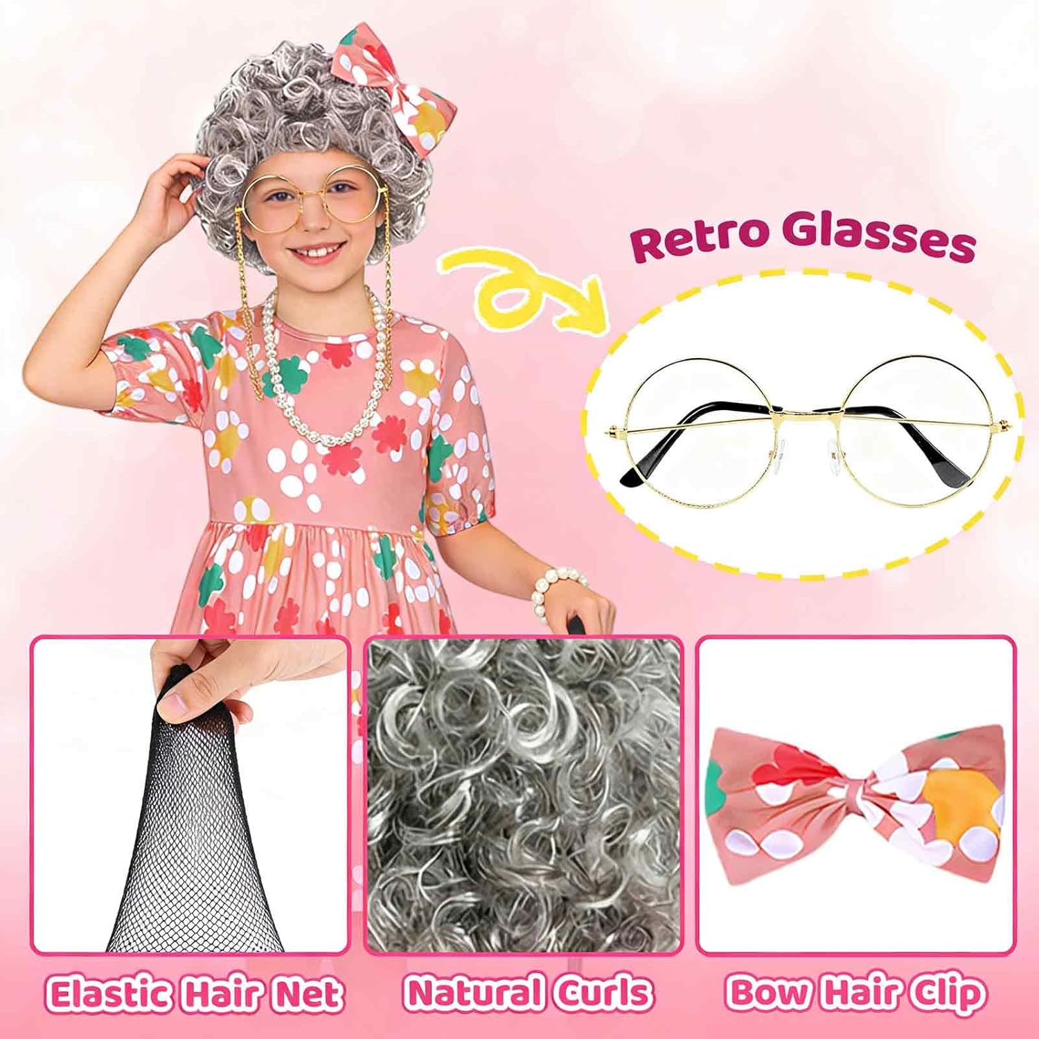 Old Lady Costume for Kids Girls 100 Days of School Costume 100th Day Granny Outfit Grandma Dress Up Kit Accessory - Image 3