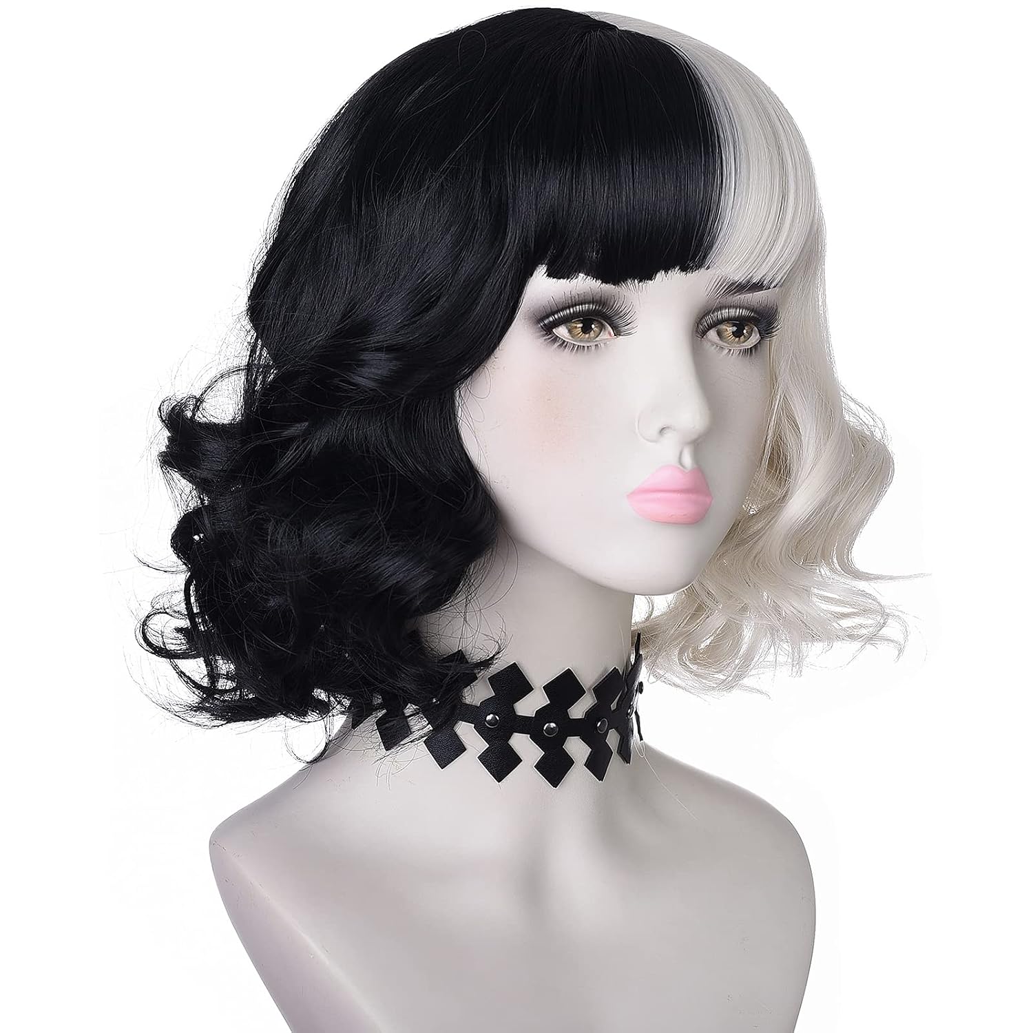 Black and Light Blonde Wig with Necklace Choker for Womens Girls Cosplay Costume Short Wavy Bob Synthetic Wigs with Bangs for Halloween Party