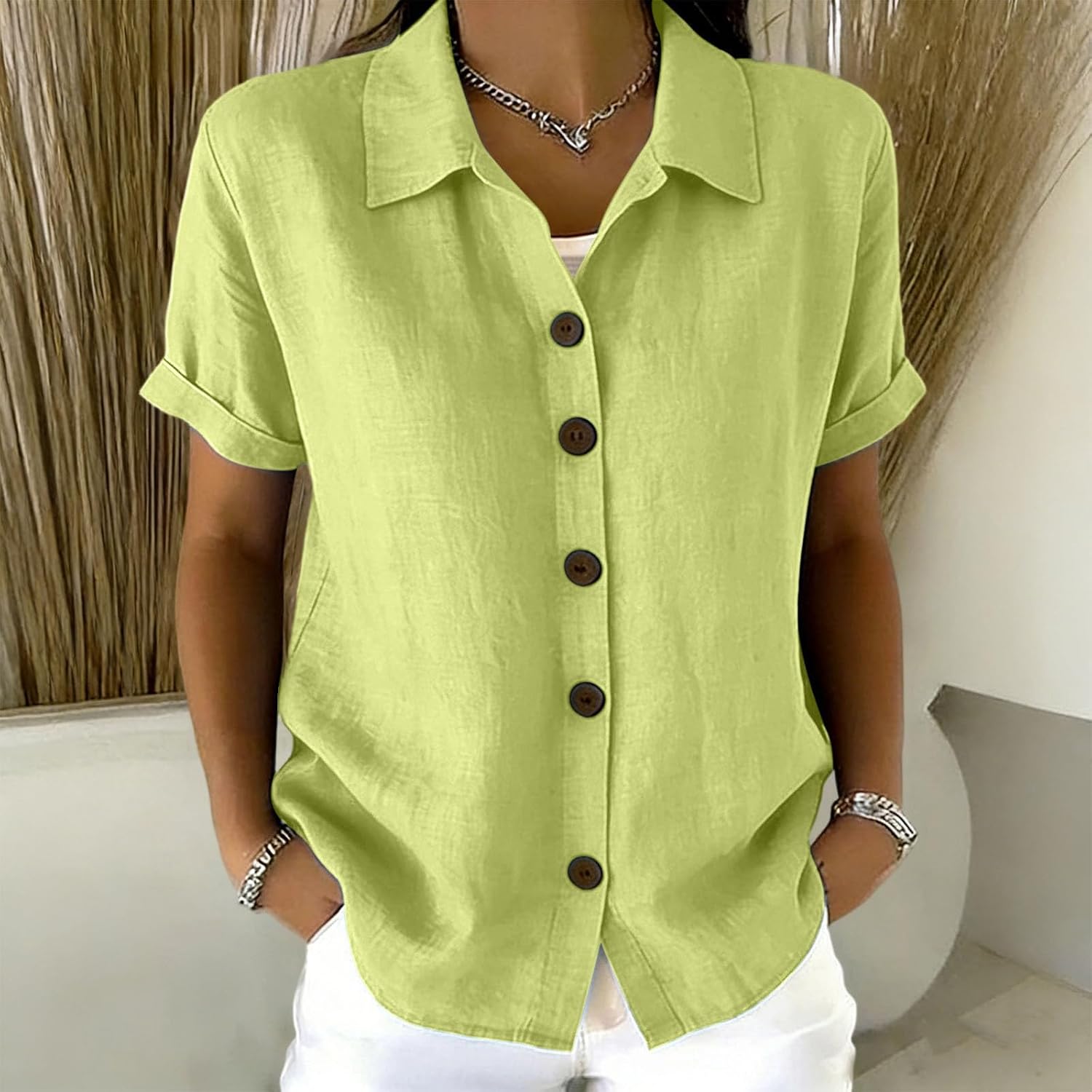 Women's Cotton Button Down Shirts Collared Short Sleeve Blouse Loose Fit Casual Summer Tops with Rolled Cuffs