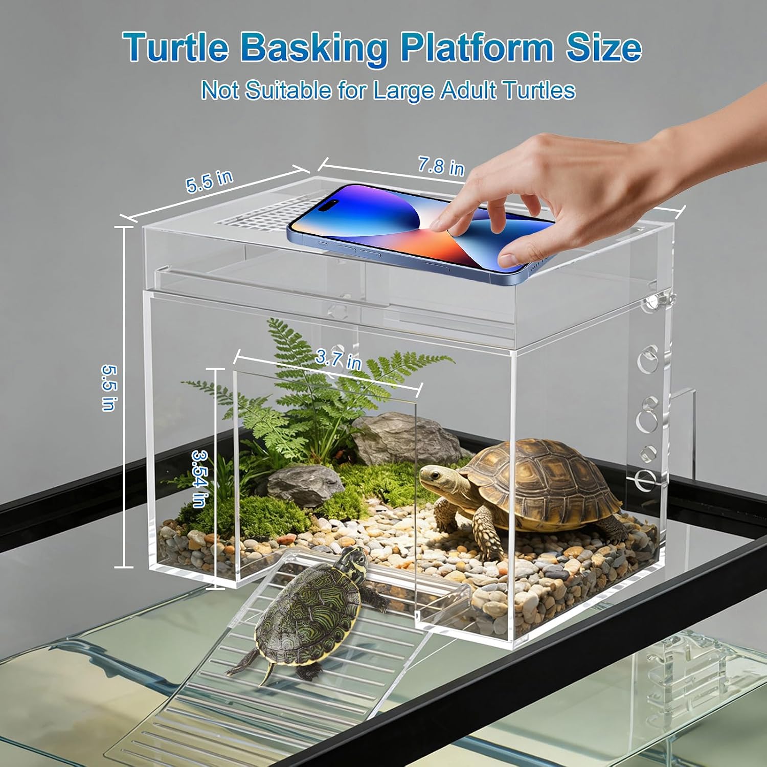 Adjustable Turtle Basking Platform, 7.8 x 5.5 x 5.5 Inch Above Tank Topper with Ramp for Small and Medium Aquatic Turtles, Transparent Acrylic Turtle Aquarium Dock Accessories