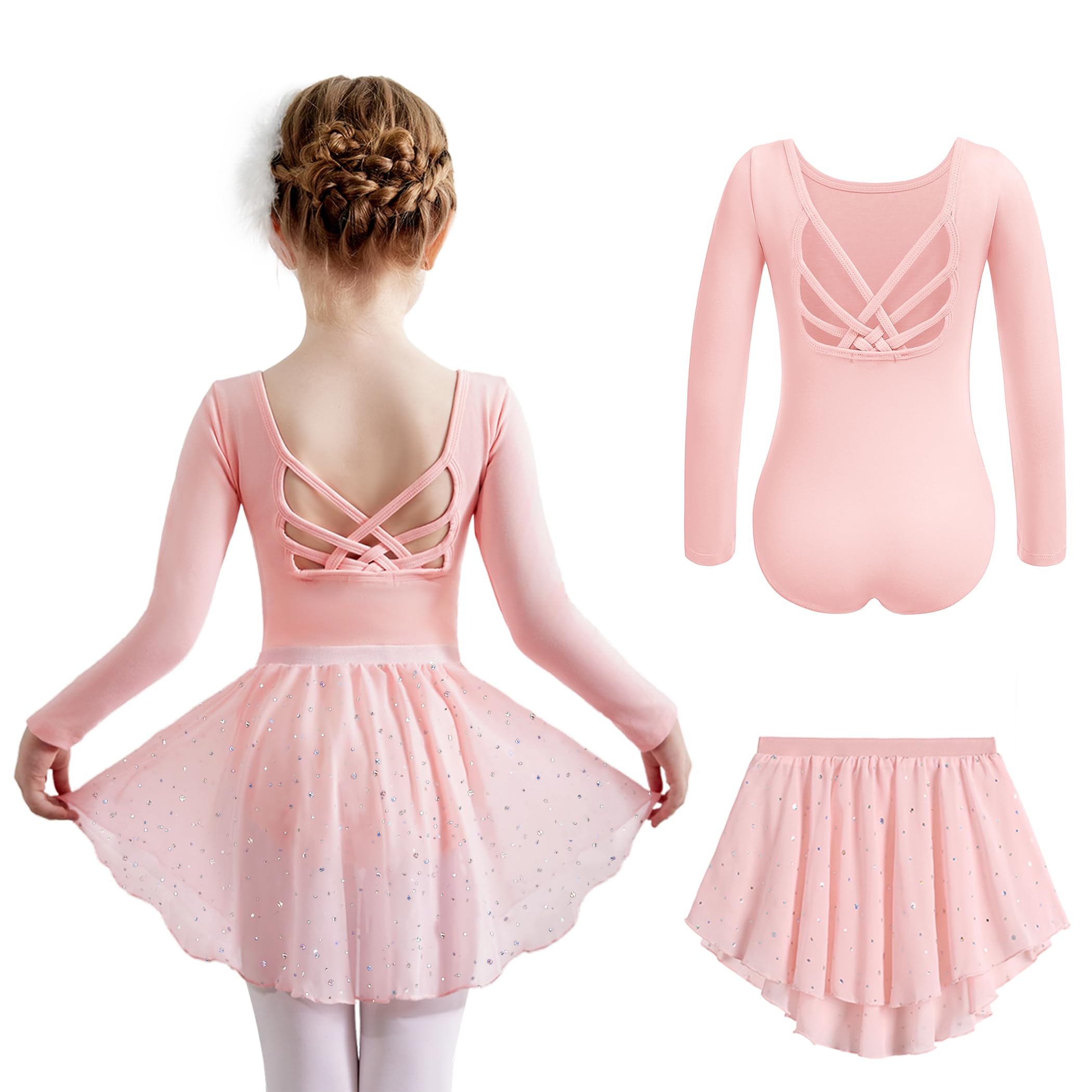 Arshiner Vêtements de Ballet pour Filles de 2 à 10 Ans Robe de Ballet à Manches Longues Deux Pièces en Coton Robe de Danse Dos Nu Justaucorps de Ballet avec Tutu Justaucorps de Danse