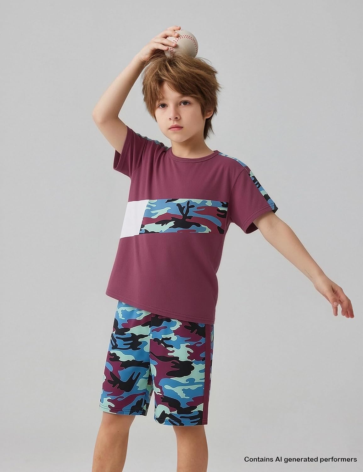 Boys clothes Set 6-14 Years Camo Stitching Short Sleeve T-Shirt and Camo Athletic Shorts 2-Piece Outfit for Boy