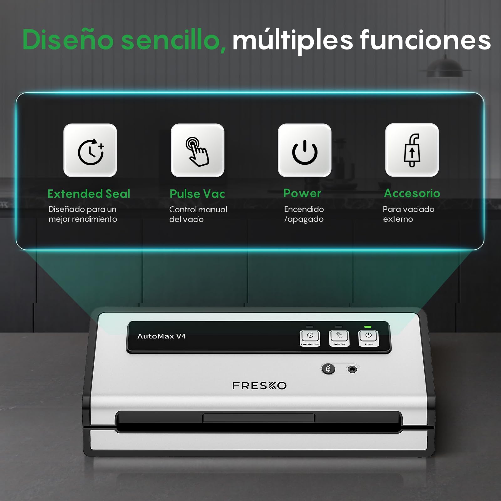 FRESKO Envasadora al Vacío Automática, 140W con Doble Sellado por Calor, Modo Seco/Húmedo, Uso con Una Mano, Incluye 10 Bolsas Pre-cortadas y 4 Kit para sellar tarros Mason (Automax V4)