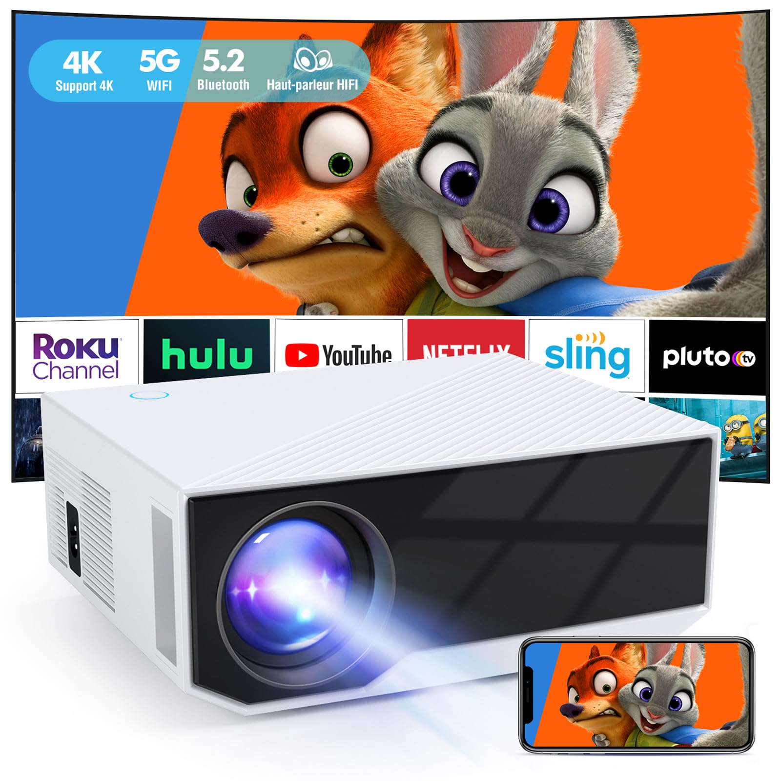 ZDK Vidéoprojecteur WiFi Bluetooth, Projecteur Portable Native 1080P, Rétroprojecteur Home