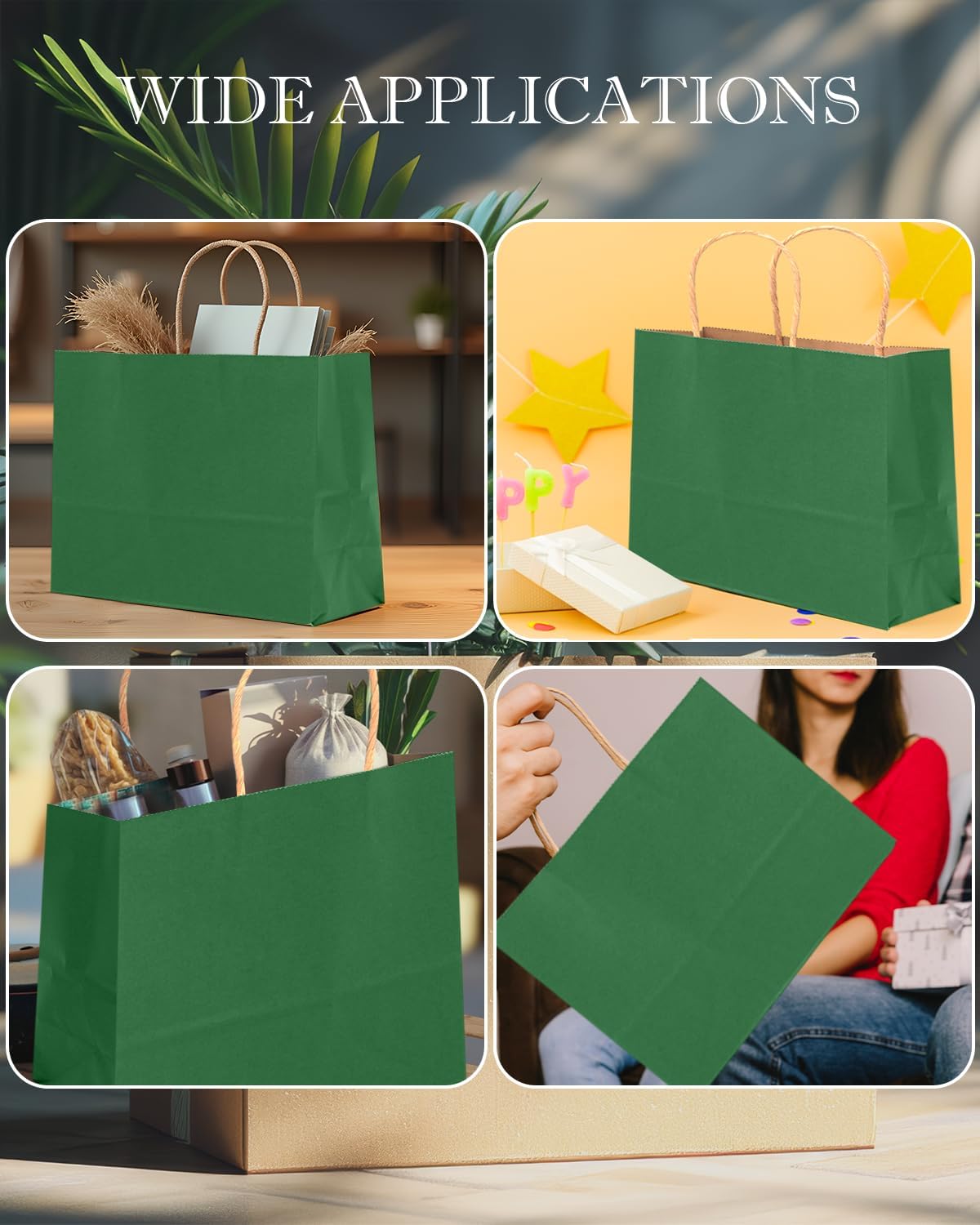 qiqee 13"x4.5"x10" Large Gift Bag with Handles Bulk 32PCS Gift Paper Bags Deep Green Bags Multiple Uses (Wide Large) - Image 7