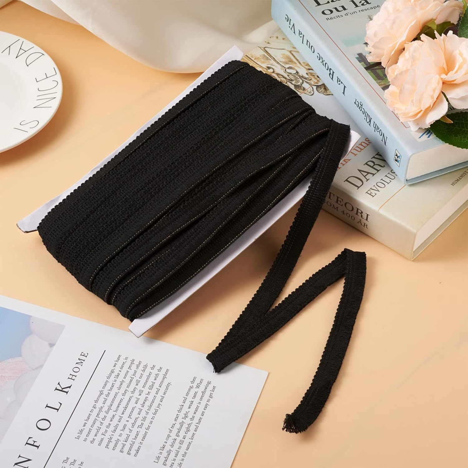 27.34 Yards/25cm Black Polyester Fringe Tassel Lace Trim 5/8 Inch Cotton Braided Ribbons with Paper Card Fringe Fibre Trim for Clothes Sewing Furniture Decor DIY Tassel Jewelry Making