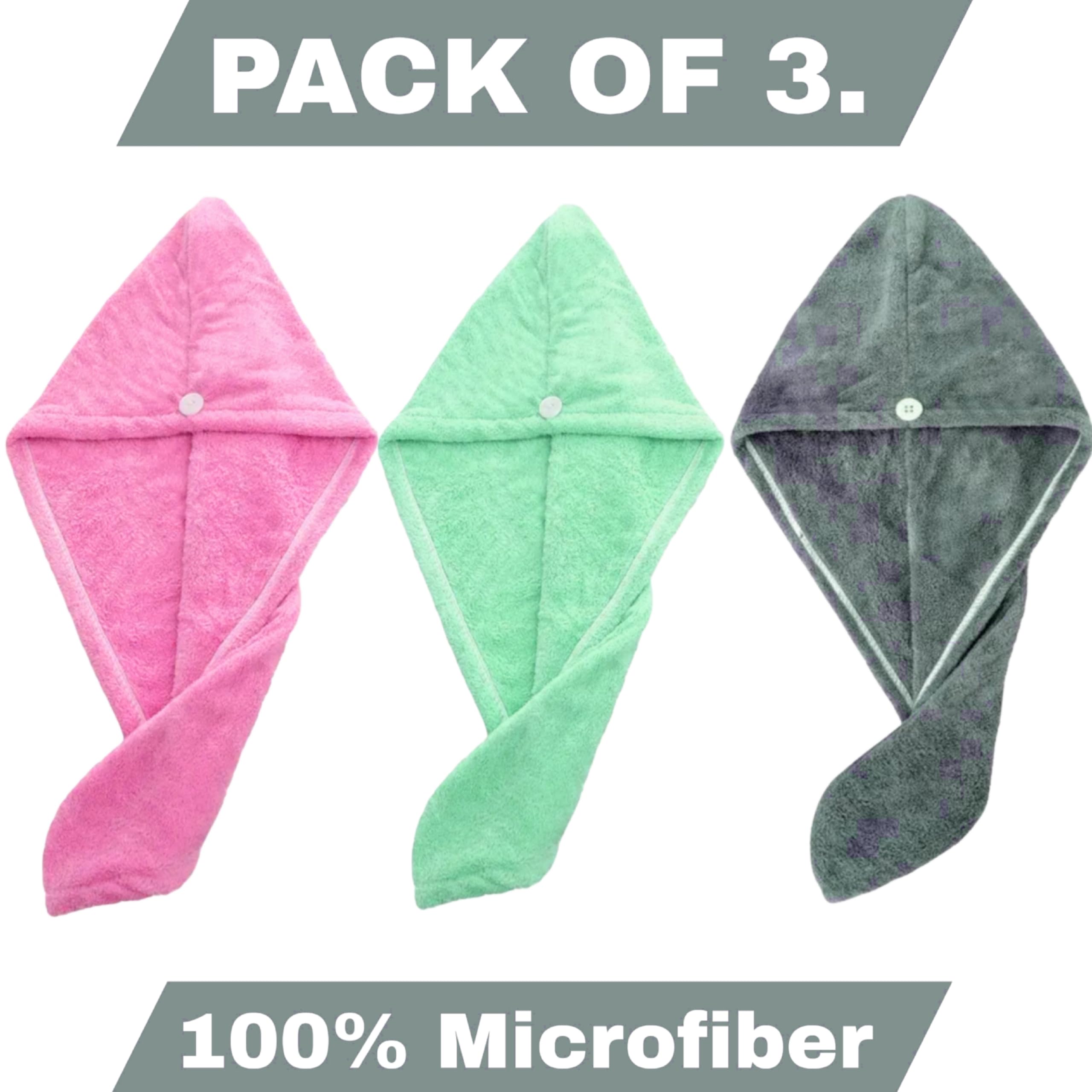 CB HOME Toallas turbantes de microfibra para secar el cabello, paquete de 3 (verde-rosa-gris)
