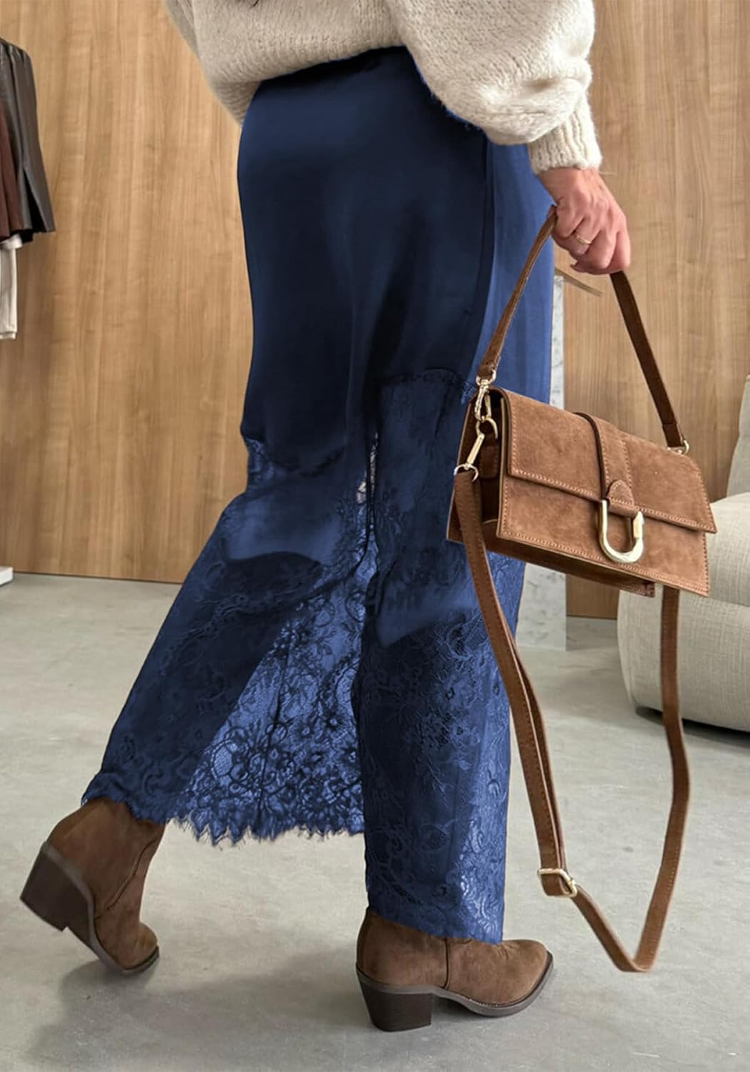 LETSVDO Women's Long Lace Skirts Satin Silky Elastic Waist Sheer Patchwork A Line Boho Maxi Skirt Going Out Party Skirt - Image 4