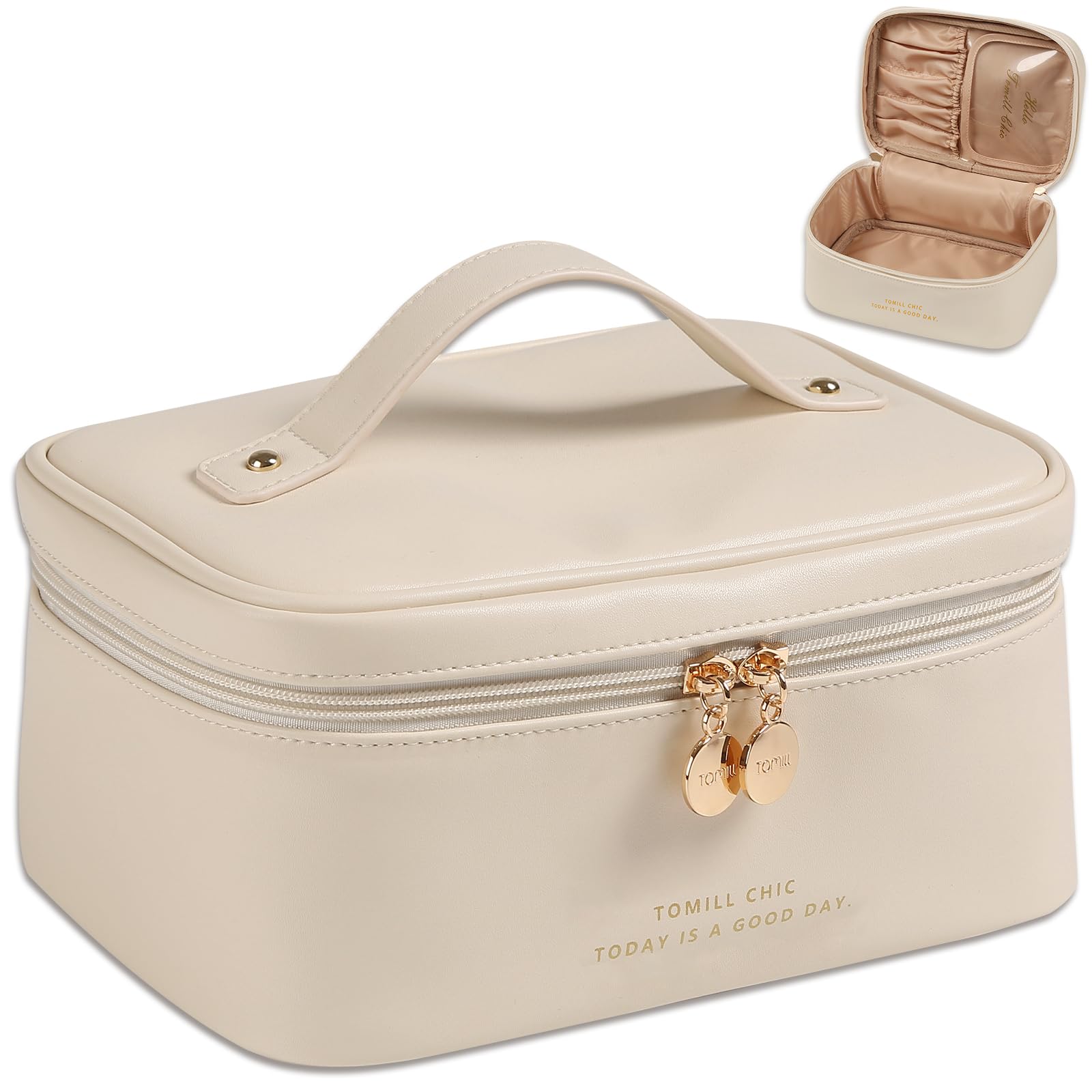 Travel Makeup Bag for Women Portable Cosmetic Bag Case Large Capacity Travel Toiletry Bag Waterproof Leather Make Up Organizer Cosmetic Brush Bag Case with Handle for Women