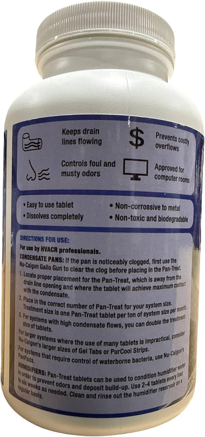 Nu-Calgon Upgraded 4296-60 Pan-Treat Condensate Drain Tablets (200 Tablets per Bottle) – Controls Odors & Prevents AC Drain Line Clogs, Non-Toxic, Non-Corrosive – Single Can [200 Tablets total].
