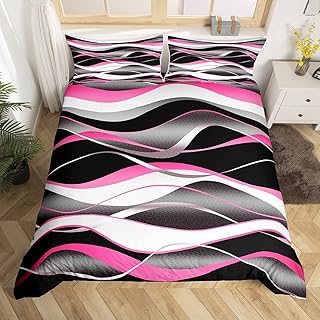 Pink Grey Black Comforter Cover Geometric Spiral Bedding Set Grey White Stripe Lines Duvet Cover for Kids Modern Abstract Bedspread Cover Retro Stripes Room Decor Bedclothes Full Size