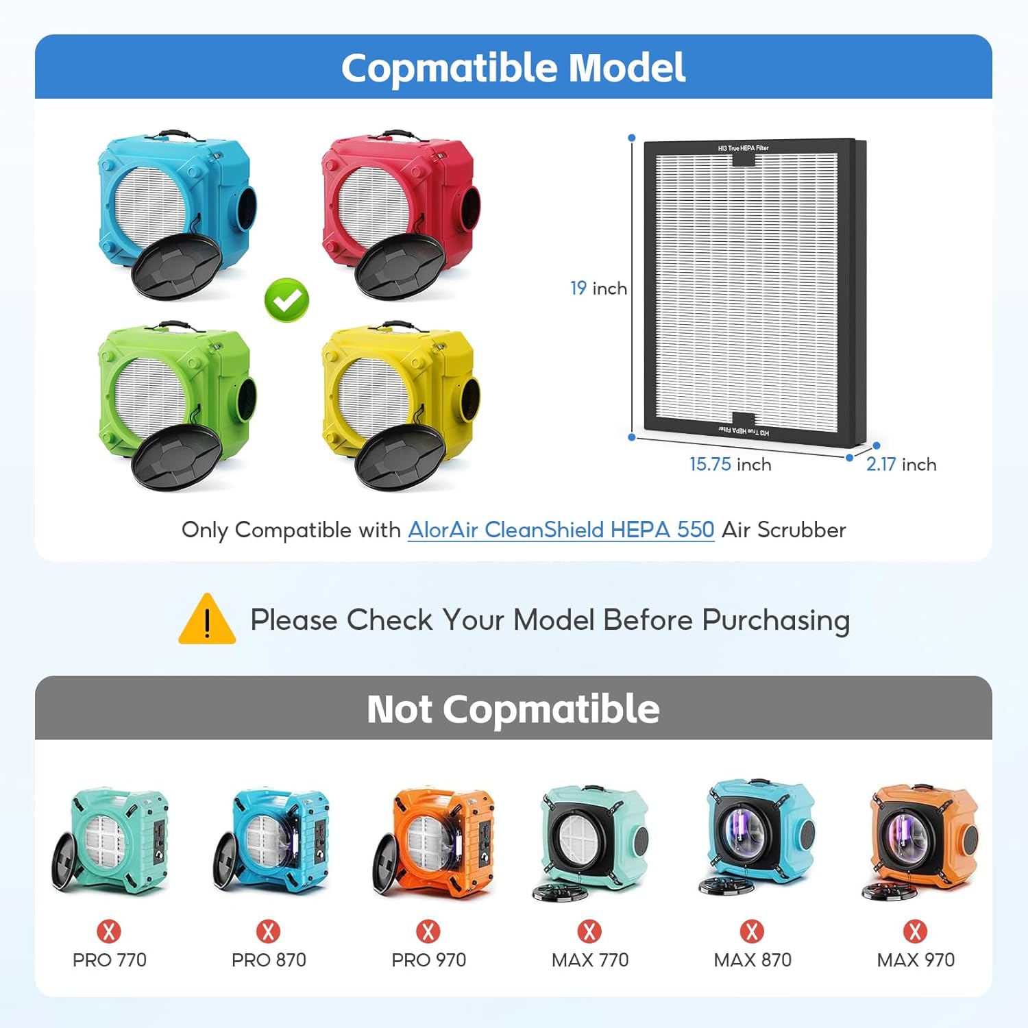 2 pack BD-AS-550,F301H HEPA Filter Replacement, Compatible with BlueDri Air Scrubber Air Shield 550 BD-AS-550 & VEVOR Scrubber, 16" x 19" x 2" HEPA Filter for Bluedri,VEVOR and Dri-Eaz