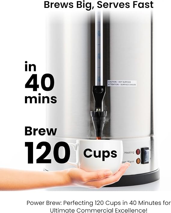 SYBO 120 Cup Commercial Coffee Urn & Hot Beverage Dispenser Stainless Steel Percolate Maker Fast Brew Keeps Warm Ideal for Tea Water at Events Catering 18 L Metallic