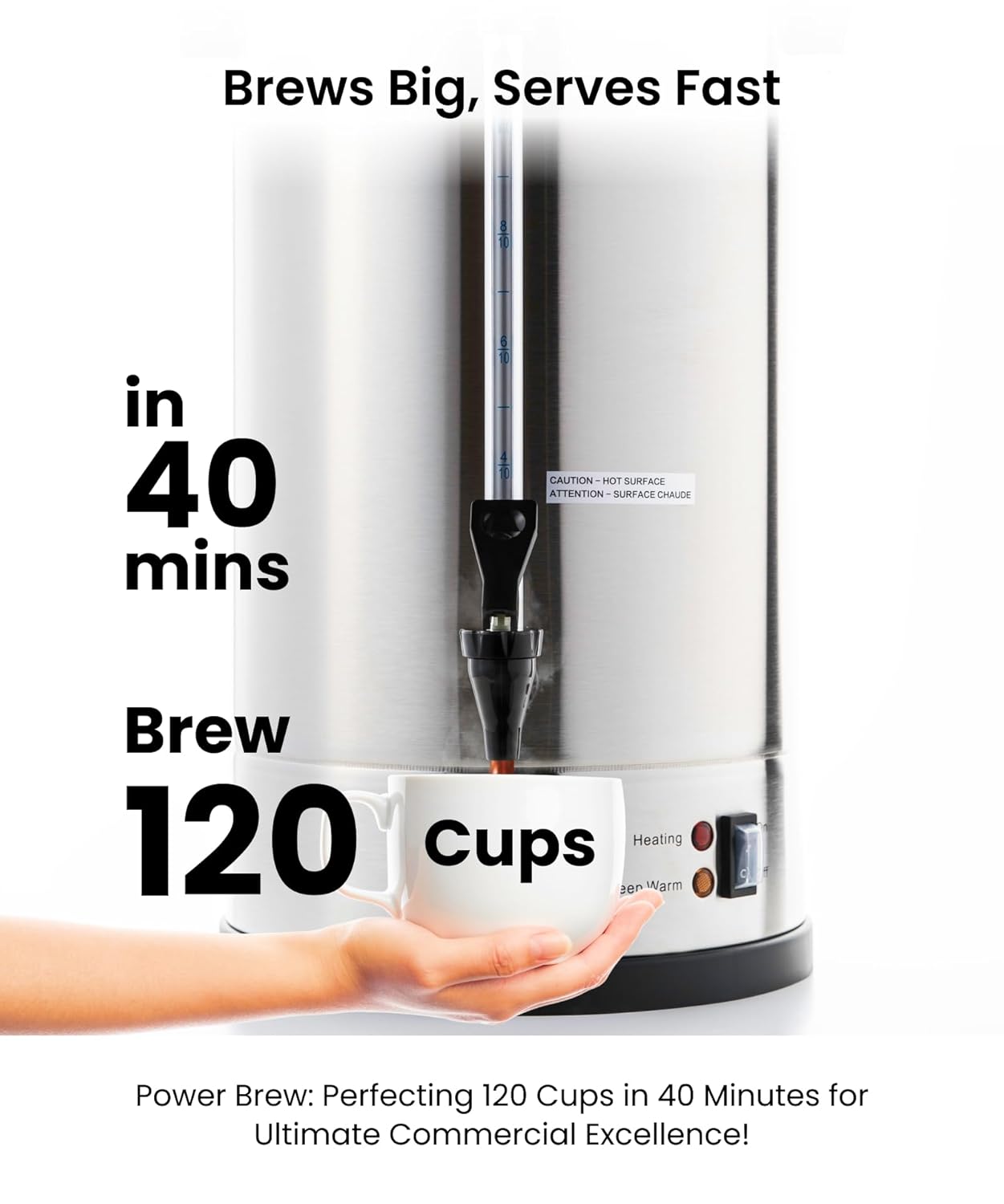 SYBO 120 Cup Commercial Coffee Urn & Hot Beverage Dispenser Stainless Steel Percolate Maker Fast Brew Keeps Warm – Ideal for Tea Water at Events Catering 18 L Metallic 120Cup Black