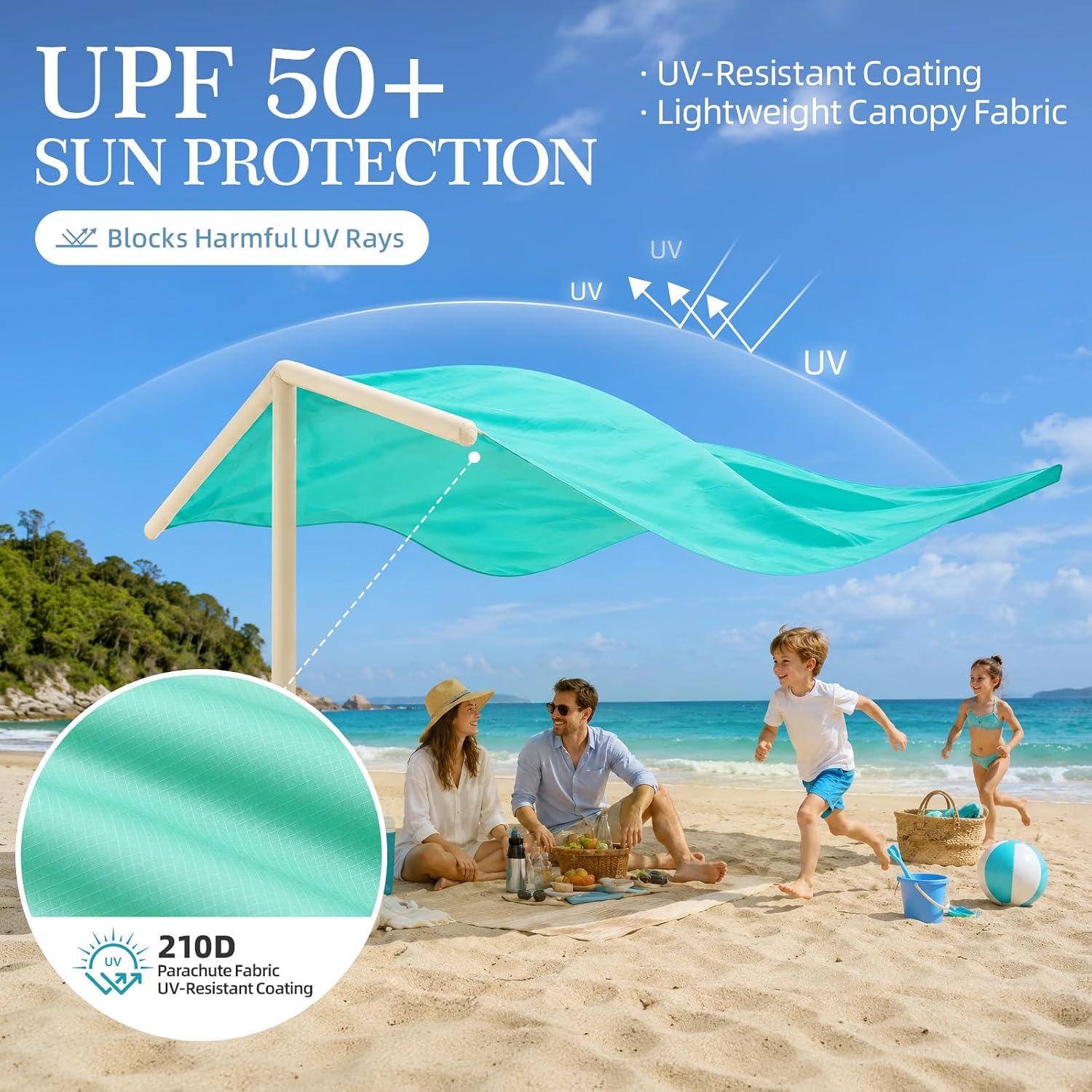 CHERIMOR Beach Shade Canopy, Inflatable Beach Canopy Wind-Powered Portable Sun Shade, Up to 5 People, 96 Sq. Ft. of Shade, UPF 50+ Sun Protection, 2-Minute Setup, Beach Shade with Auto Inflation Pump