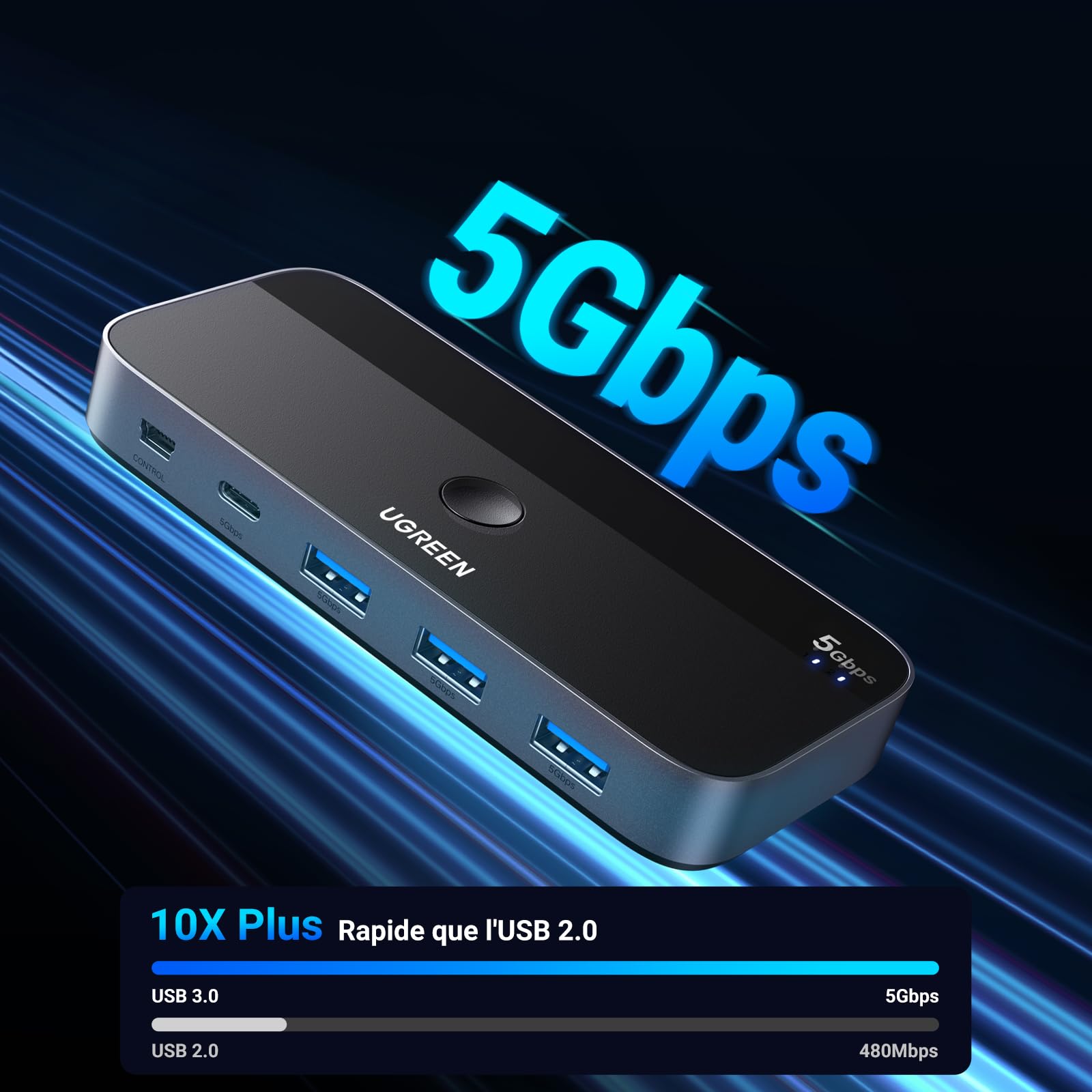 UGREEN Switch USB C 5Gbps avec 4 Ports Commutateur KVM pour 2 PC Entrées 4 Sorties Plug Play pour Clavier Souris Disque Dur Clé USB Imprimante avec Contrôleur du Bureau et 2 Câbles Inclus