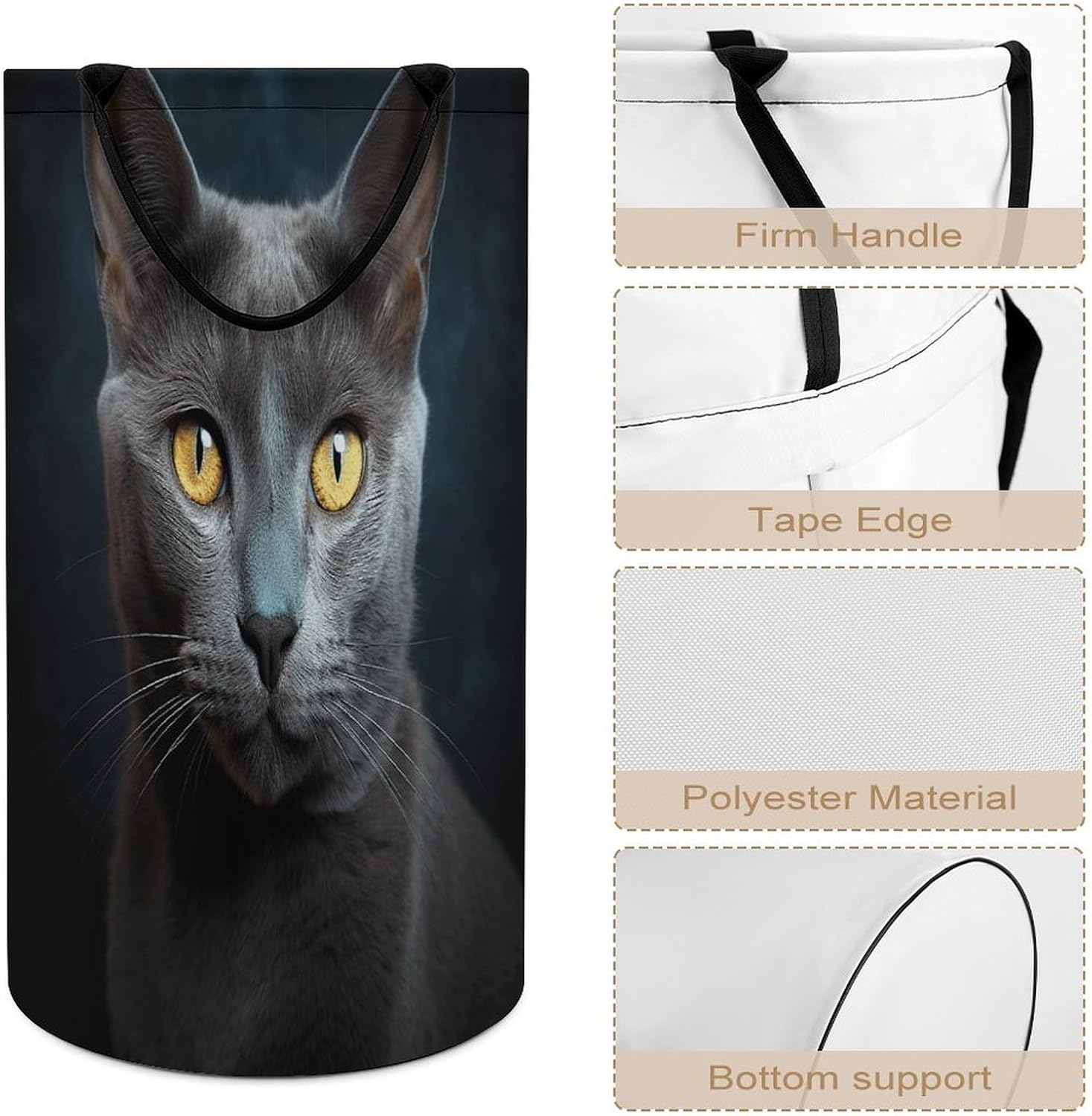 Gray Cat Stares Laundry Hamper Large Collapsible Laundry Basket with Handles Waterproof Clothes Hamper Portable Dirty Clothes Basket for Bedroom Laundry Room Closet Bathroom