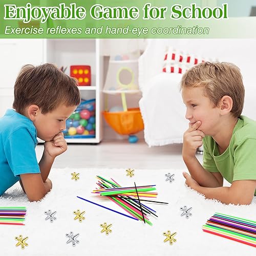 Miniatura 6 de ZeeDix Juego de 180 palos de recogida con 3 juegos de gatos de metal retro, incluye 3 bolas de goma rojas y 30 gatos de metal dorado y plateado,