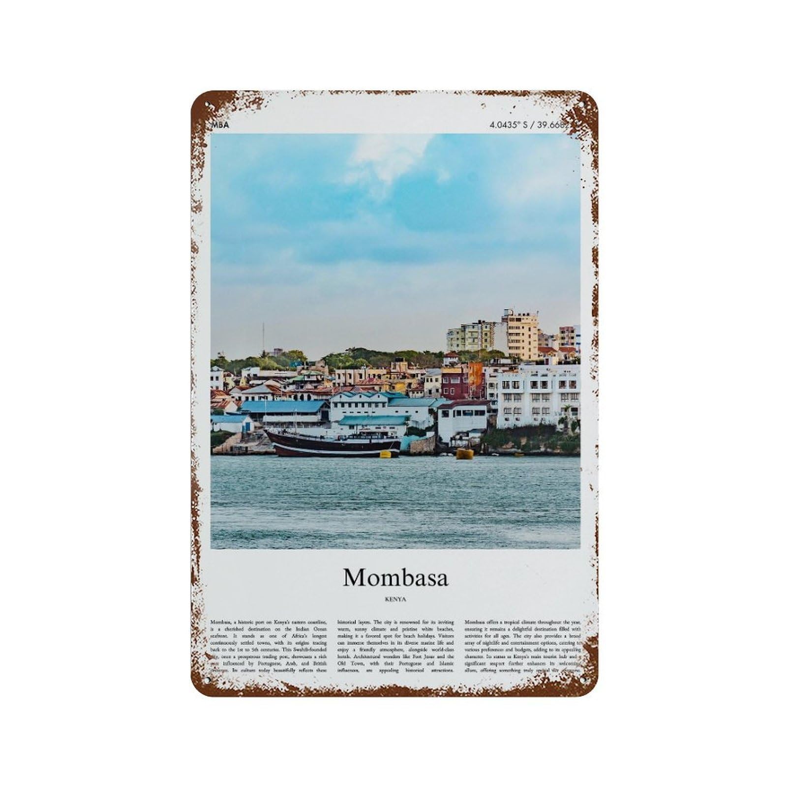 xiaoxiaoshen Mombasa Kenya City Scenery Wall Decor Art Metal Tin Poster Modern Home Decor Art Home Bar Shop Decorations Vintage Sign 30x20cm
