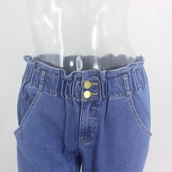 Pofash, Jeans da Donna in Denim con Elastico in Vita e Polsini alla Caviglia,  con Tasche con Bottoni : Amazon.it: Abbigliamento