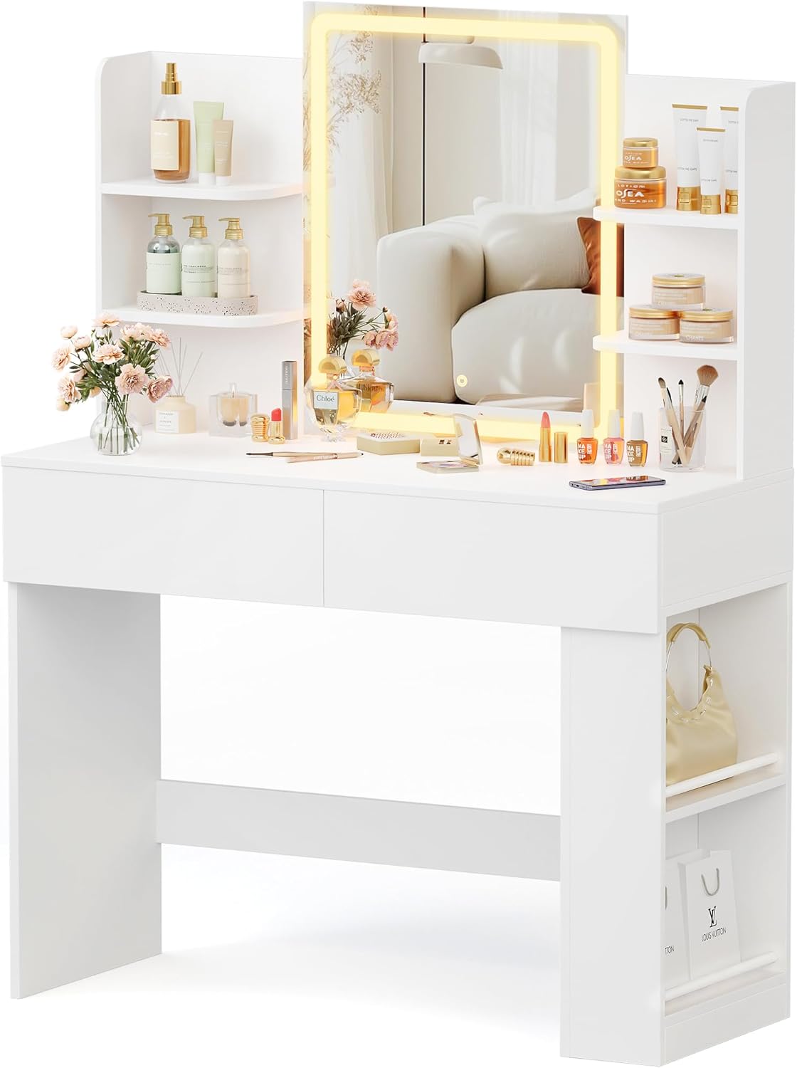 YESHOMY 35.4" Vanity Desk with LED Mirror and Lights,Makeup Vanity with 2 Storgae Drawers, 2 Side Shelves, and Open Storage Shelves, 3 Color Modes, for Bedroom, Classic White