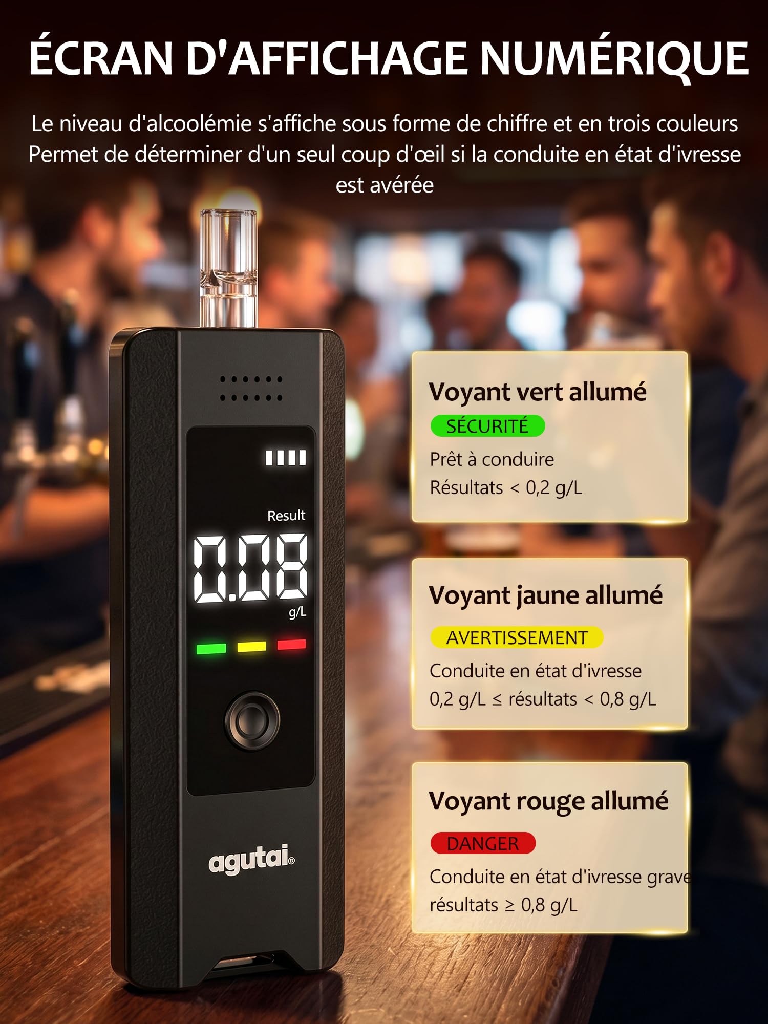 Ethylotest Electronique Homologué Alcootest Professionnel : Éthylomètre Haute Précision de Qualité avec Affichage Numérique LCD -Éthylotest Portable Testeur d'alcool USB C Rechargeable avec 10 embouts