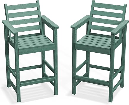 PLUUV Adirondack Bar Height Chairs Set of 2, 2-Piece Outdoor Bistro Set, High Back Chairs with Footrest, Weatherproof HDPE Wood-Look for Balcony Poolside Backyard, Aruba
