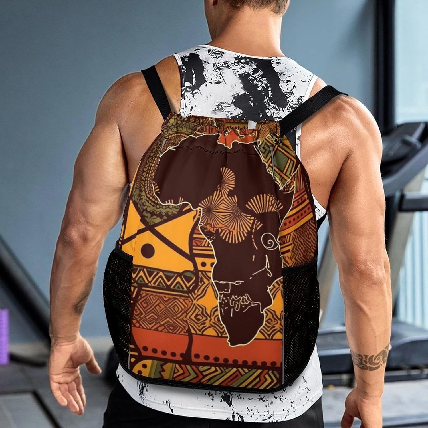 Small Gym Bag African Map Ethnic Pattern Printed Drawstring Gym Bag for Men Lightweight Waterproof Drawstring Backpack for Women with Shoe Compartment for Travel Tourism Work And Fitness