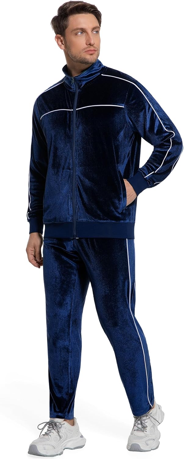 Mens Velour Tracksuit 2 Piece Set Jogging Suit Full Zip Sweatsuit Outfit with Track Suit Jacket and Pants