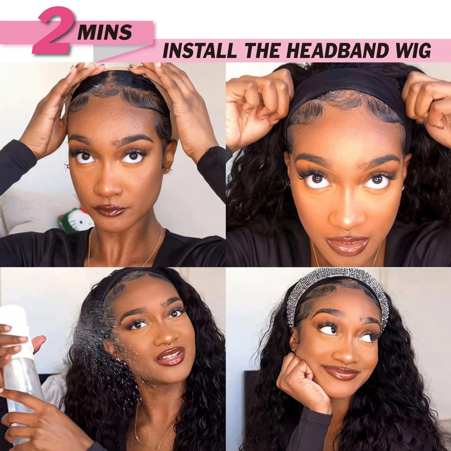 Yaki Straight Headband Wig with Curly Ends for Black Women,Synthetic Glueless Wear and Go Headband Wig,Natural Yaki Texture,20 Inch(Salt and Pepper Gray)