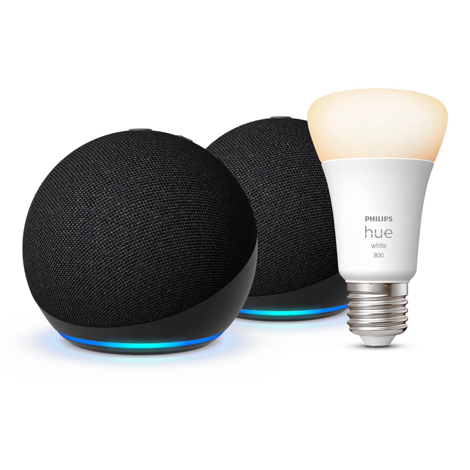 Echo Dot (5.ª generación) | Antracita, pack de 2 + Philips Hue Smart Bulb (E27), compatible con Alexa - Kit de inicio de Hogar digital