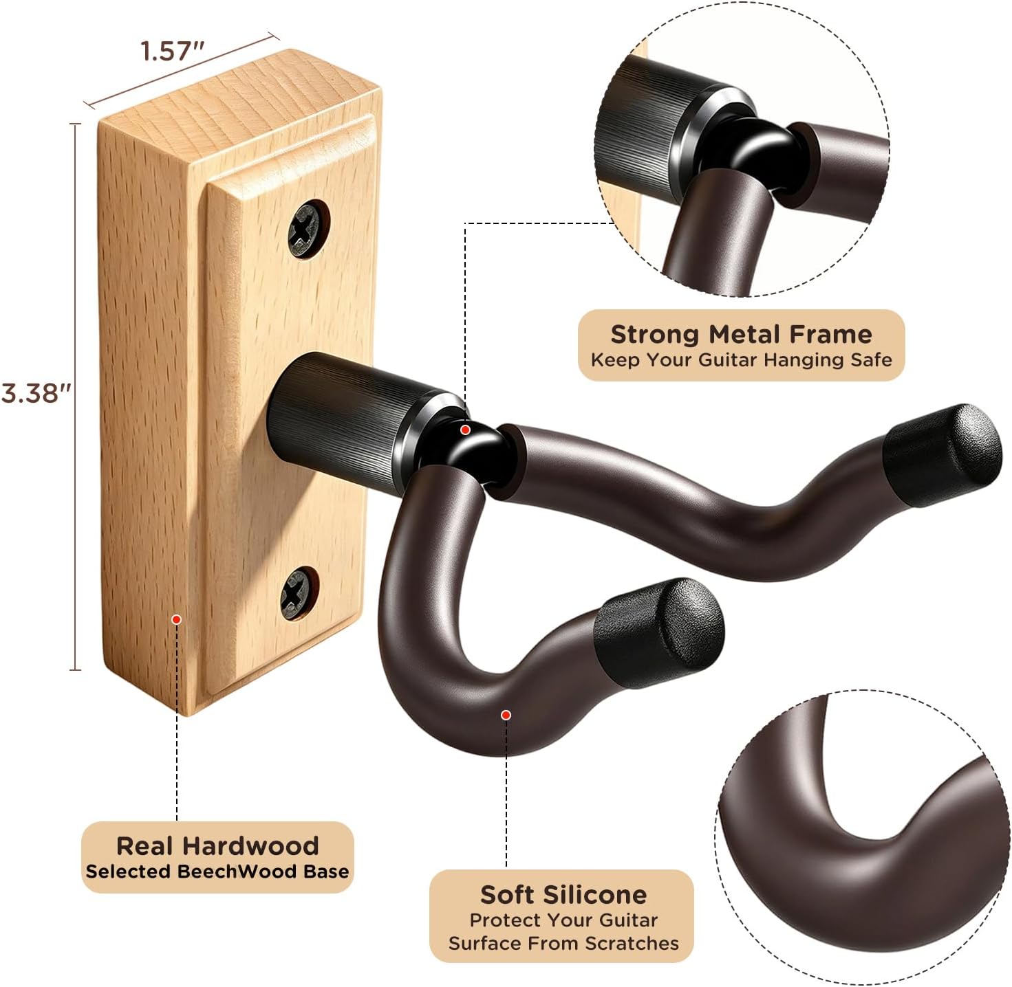 DIDA Guitar Wall Mount, Guitar Hanger, Silicone Pad, U-Shaped Guitar Wall Hanger Mount, Rotatable Guitar Holder Hook Stand Wall for Acoustic, Electric Guitar, Bass (Beech Wood, 2 Pack) image 3