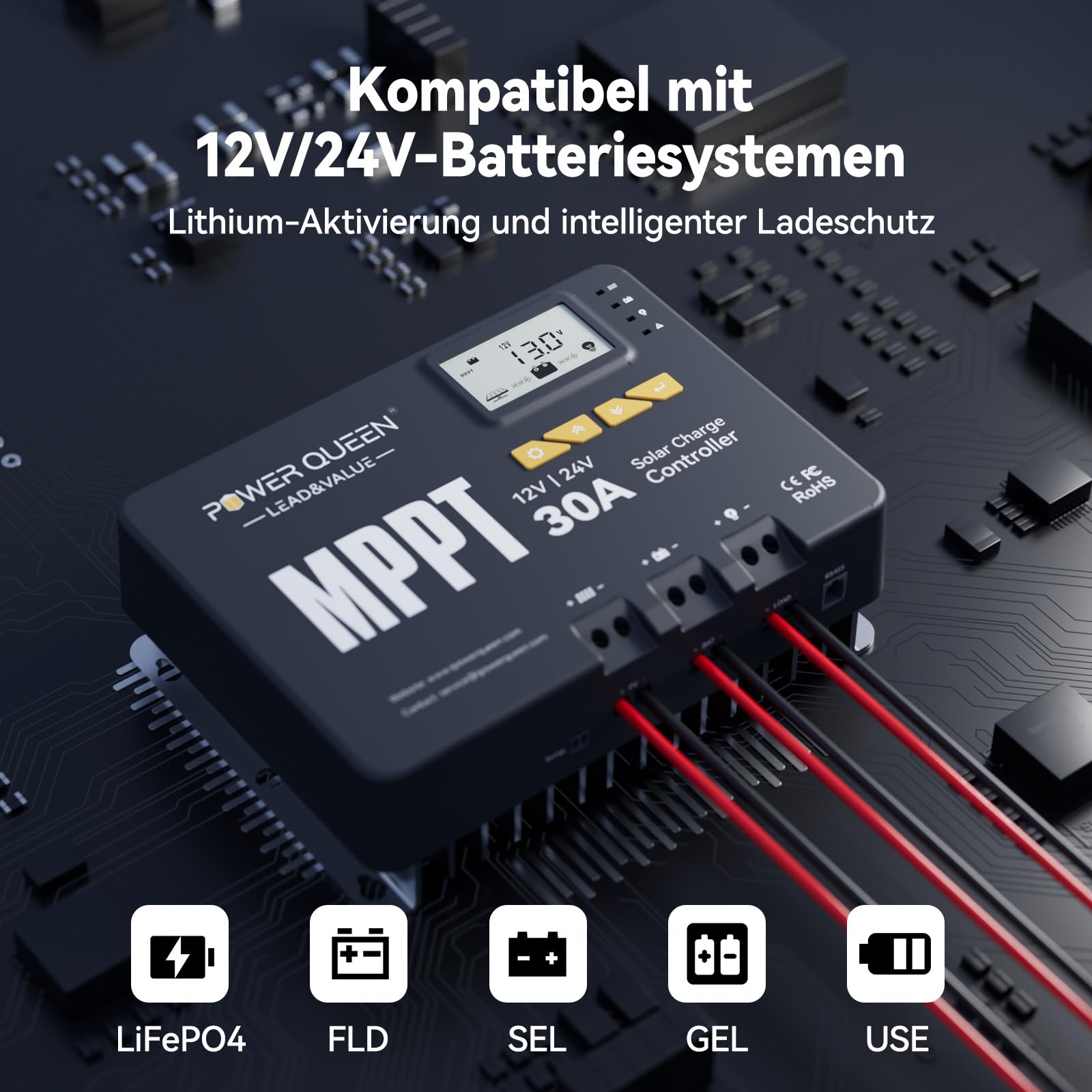Power Queen 12/24V 30A MPPT Solarladeregler, Max 900W Eingangsleistung, eingebautes Bluetooth Modul, LCD Display, Standard für LiFePO4 Batterie und kompatibel mit versiegelten, Blei-Säure Batterien