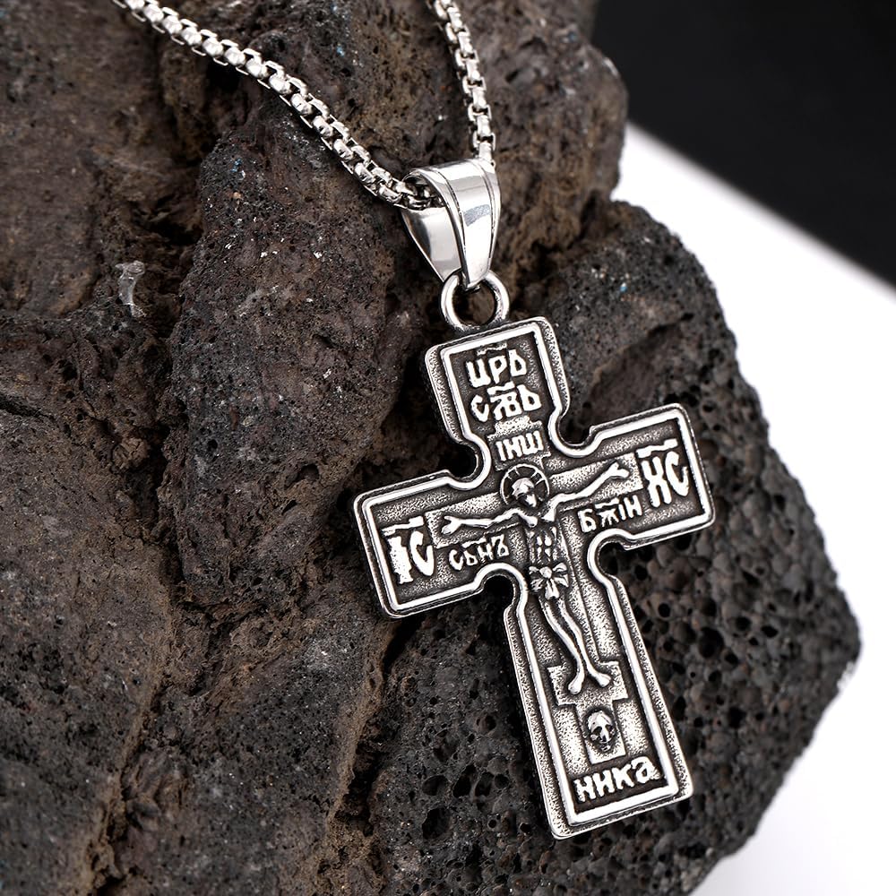 Orthodox Crucifix Cross Necklace, Stainless Steel Vintage Pendant, Christian Cross Jewelry Gift for Men Women - Image 2
