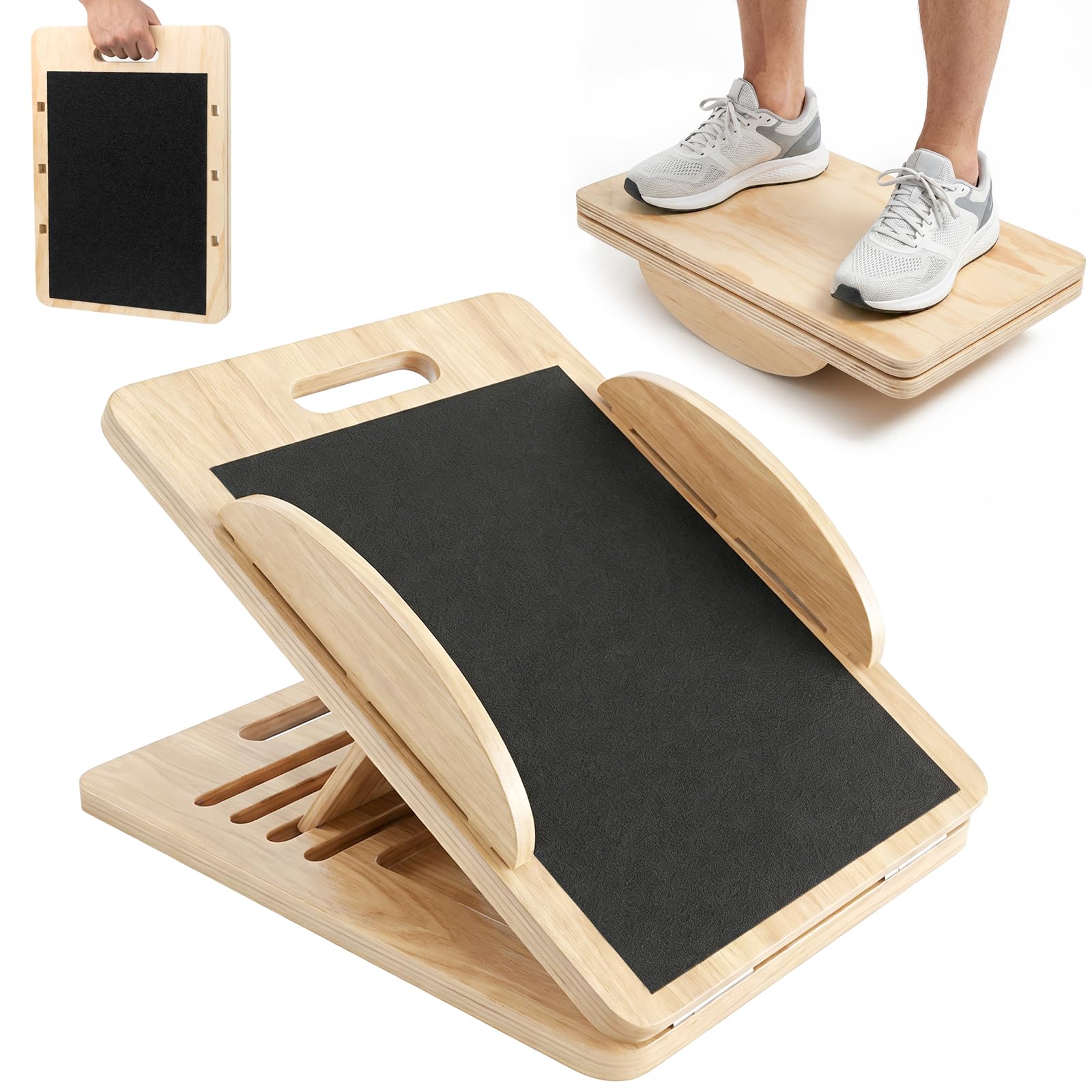Fssppe 3 in 1 Wooden Slant Board Balance Trainer Calf Stretcher Squat Wedge