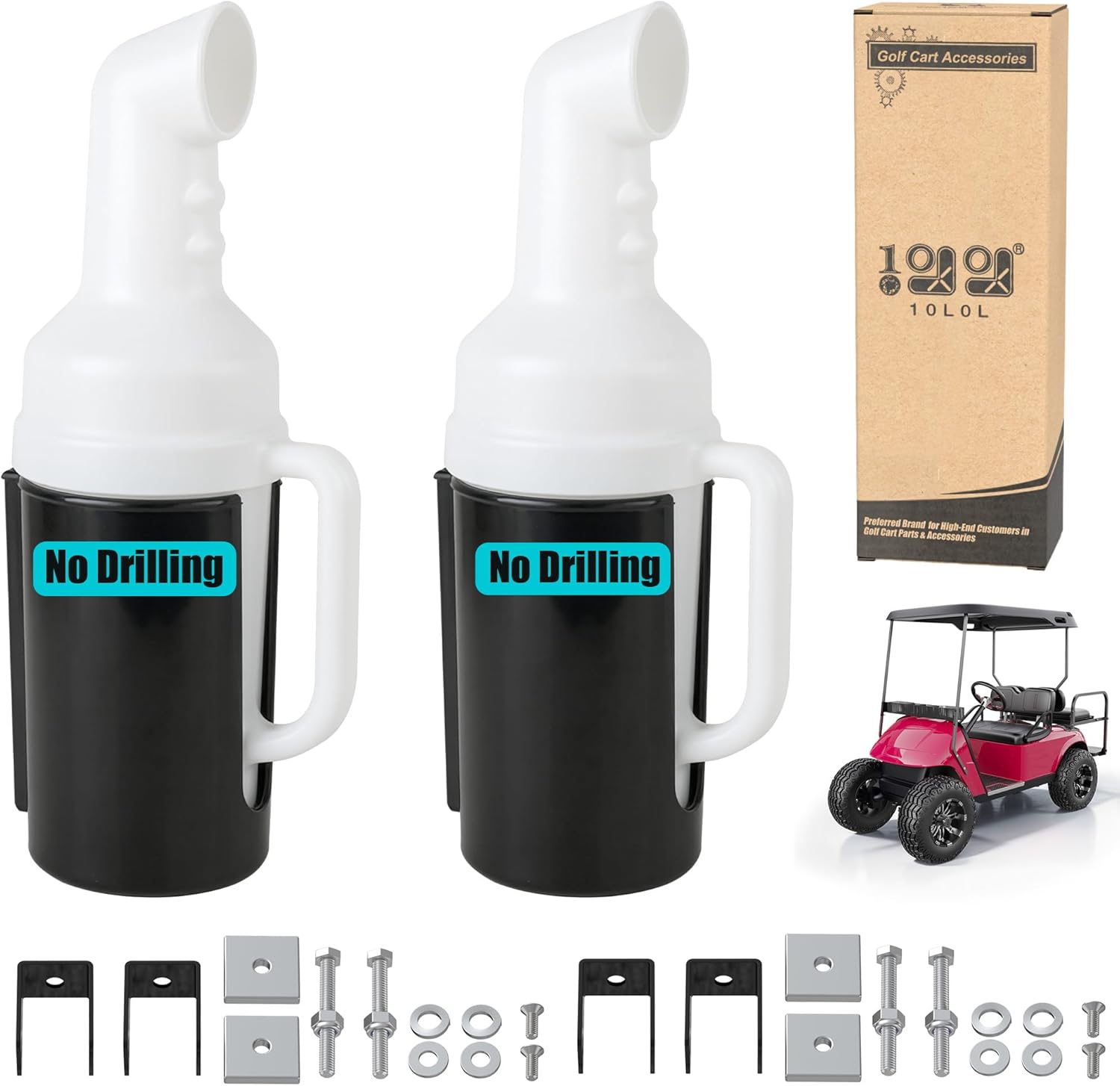 10L0L No Drilling Needed Golf Cart Sand Bottle with Holder Universal for EZGO Club Car Yamaha, Push Cart Divot Filler Sand Bottle with Grip Handle (Fit 1" Square Tube Bracket)
