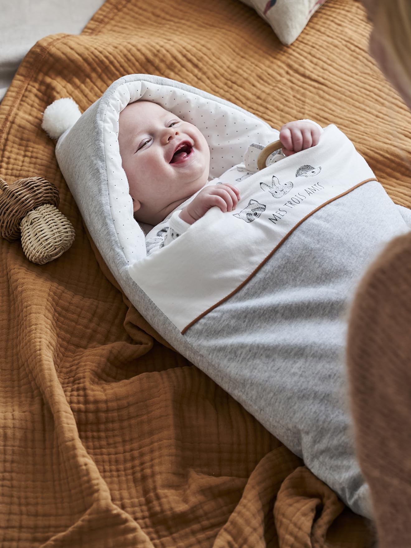 Vertbaudet Baby Ausfahrsack KLEINE Freunde, Bio-Baumwolle hellgrau meliert/wollweiß ONE Size