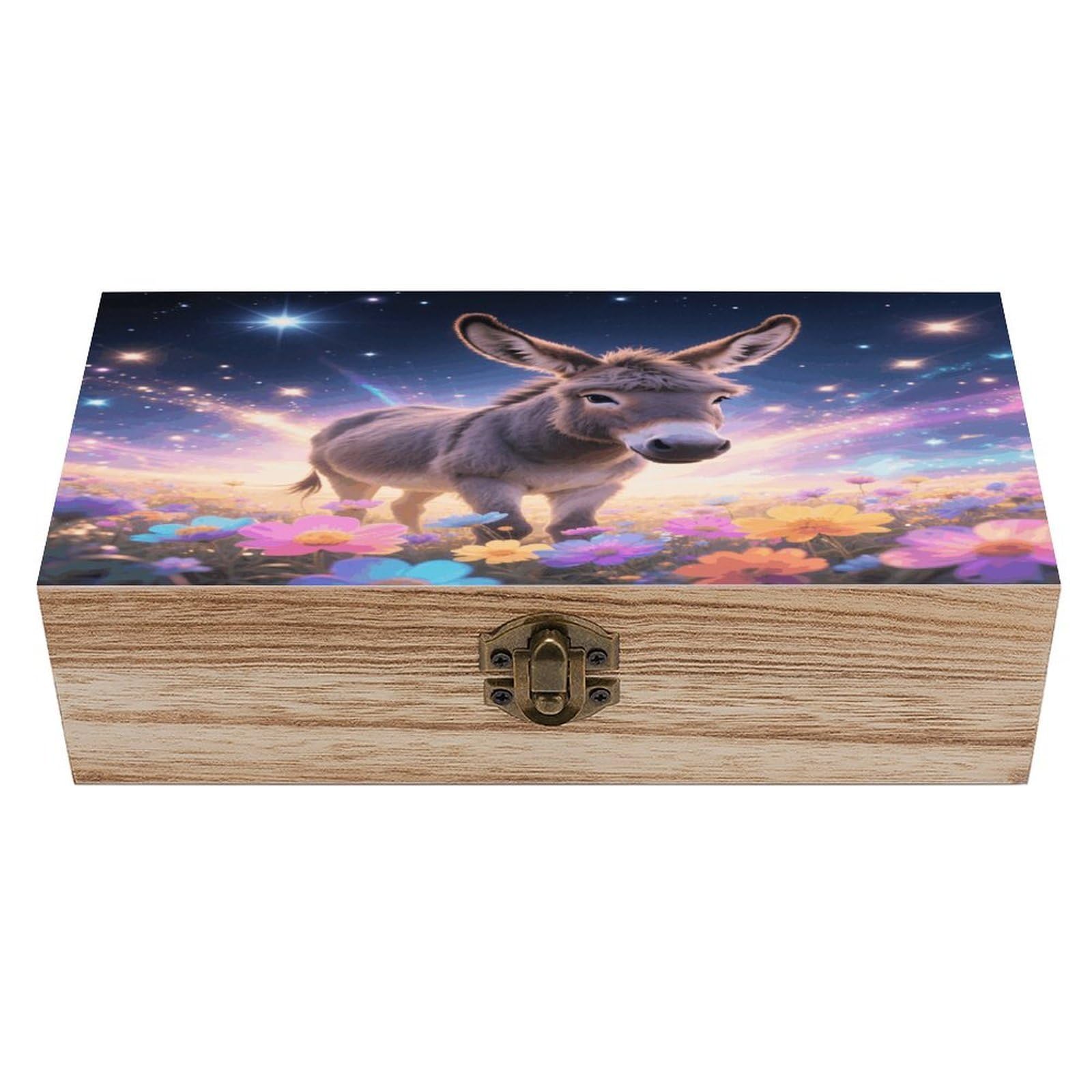VstaDank Donkey in Magic Blooms Wooden Storage Box Vintage Style Wooden Storage Case with A Hinged Lid Memory Treasure Boxes Decorative Jewelny Photos for Organizer 7.9 * 3.7 * 2.3 Inch