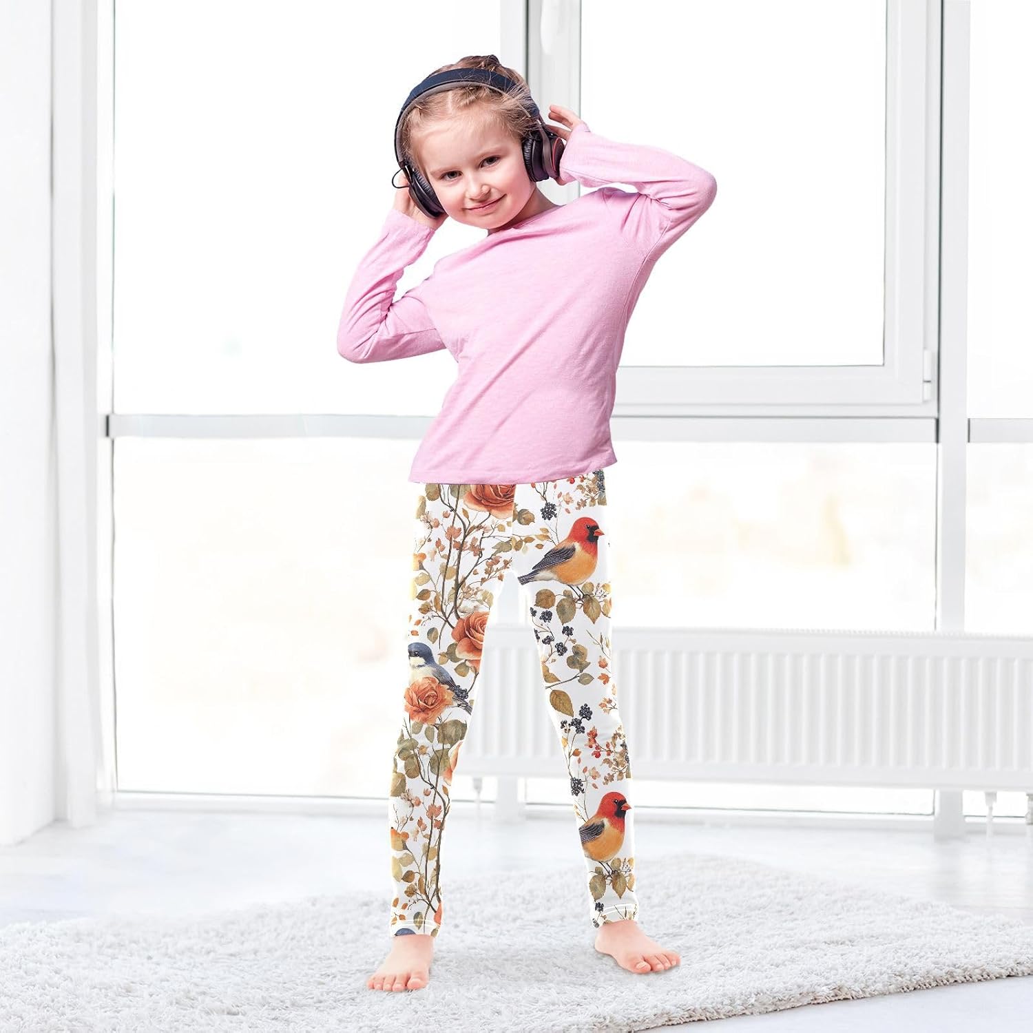 Girls Yoga Pants Orange Flower Bird