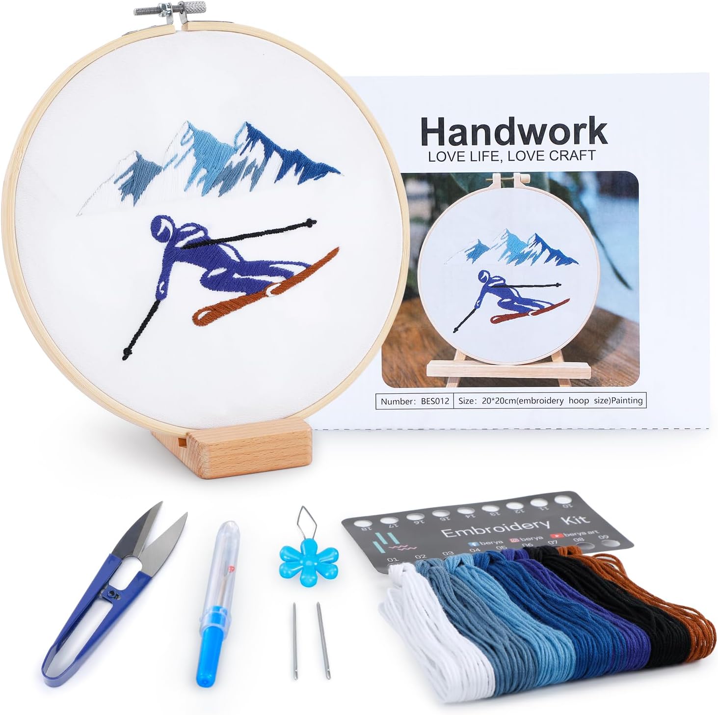 - Embroidery Kit for Adult Beginners,Skiers Snow Mountain Embroidery Kit with Step-by-Step Instructions & Video,Printed Cloth,7.87" Hoop,Display Stand,Color Threads and Tools for Craft Lover(BES012)
