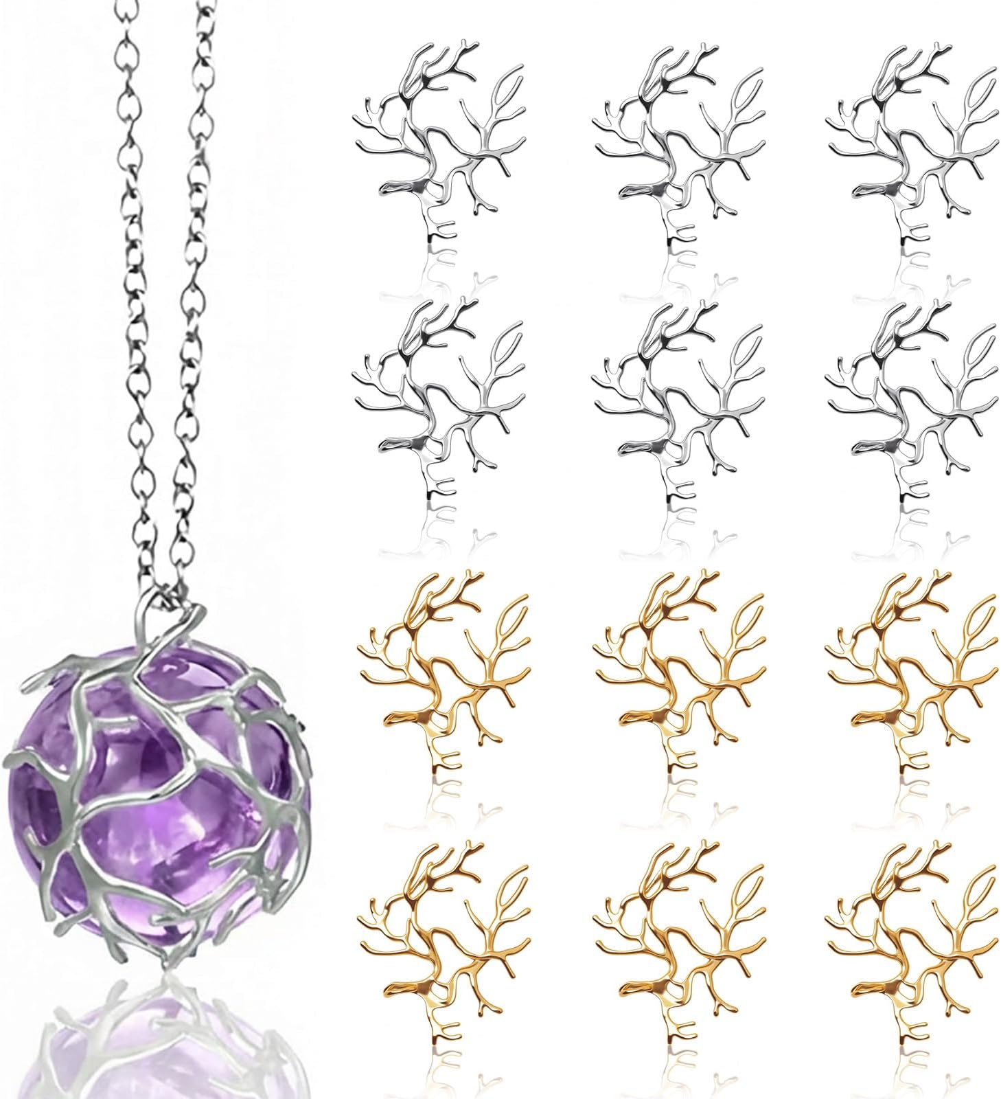 12 Pcs Branch Shape Pendant Trays for Jewelry Making, Metal Claw Cage Pendant Holder Crystal Cage Necklace Open Bezels Adjustable Claw Prong Pendant Bezels Hypoallergenic Brass for DIY Necklace Bracelet Earrings Craft Supplies (6 Gold & 6 Silver)