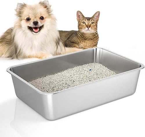 LIHONG Caja de arena de acero inoxidable para gatos, caja de arena de metal extra grande para gatos grandes, gatitos, conejos, sin olor,