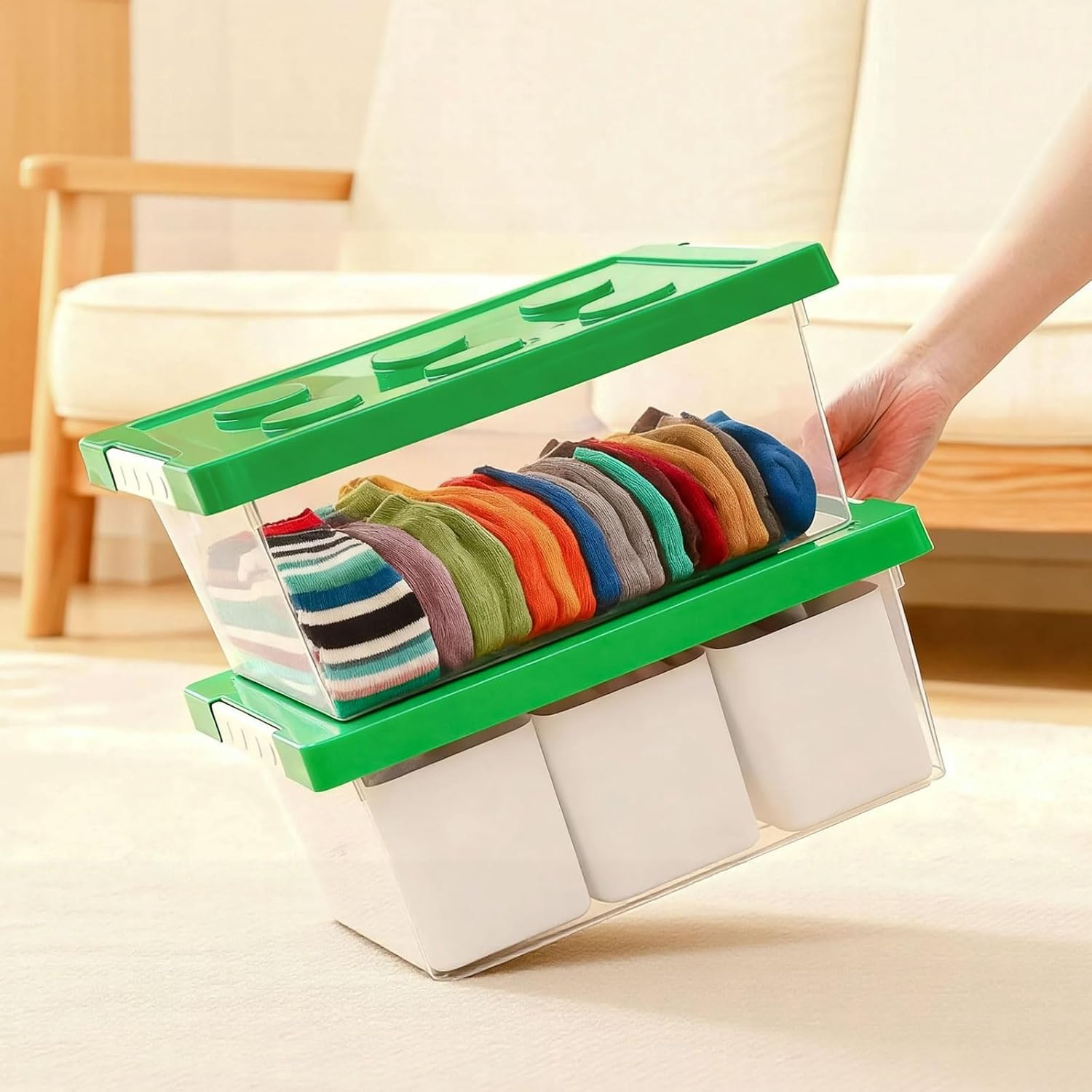loobuu Plastic Storage Bins with Lids, Art Craft Supply Organizer Box with Brush Pot, Multipurpose Stackable Storage Containers for Organizing Tool, Craft, Crayon,Sewing (Green)