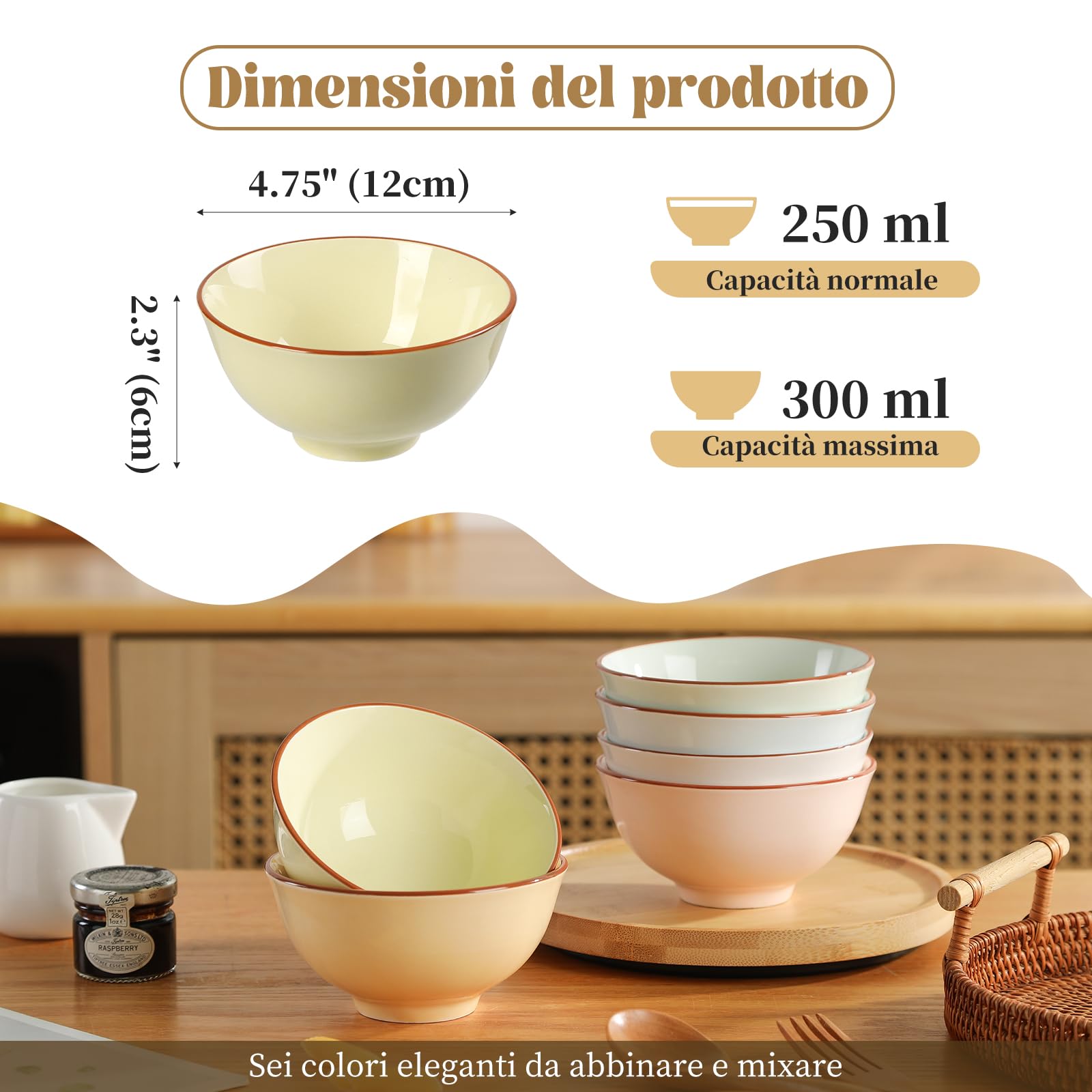 Set Ciotole Colazione Ceramica Piccole - Set di 6 Ciotole Dessert Colorate - Ciotoline Dolci - Ciotole Gelato Porcellana - Ciotola Piccola Cucina - Ciotolina Snack | Riso | Yogurt - 12 x 6 cm - 300 ml