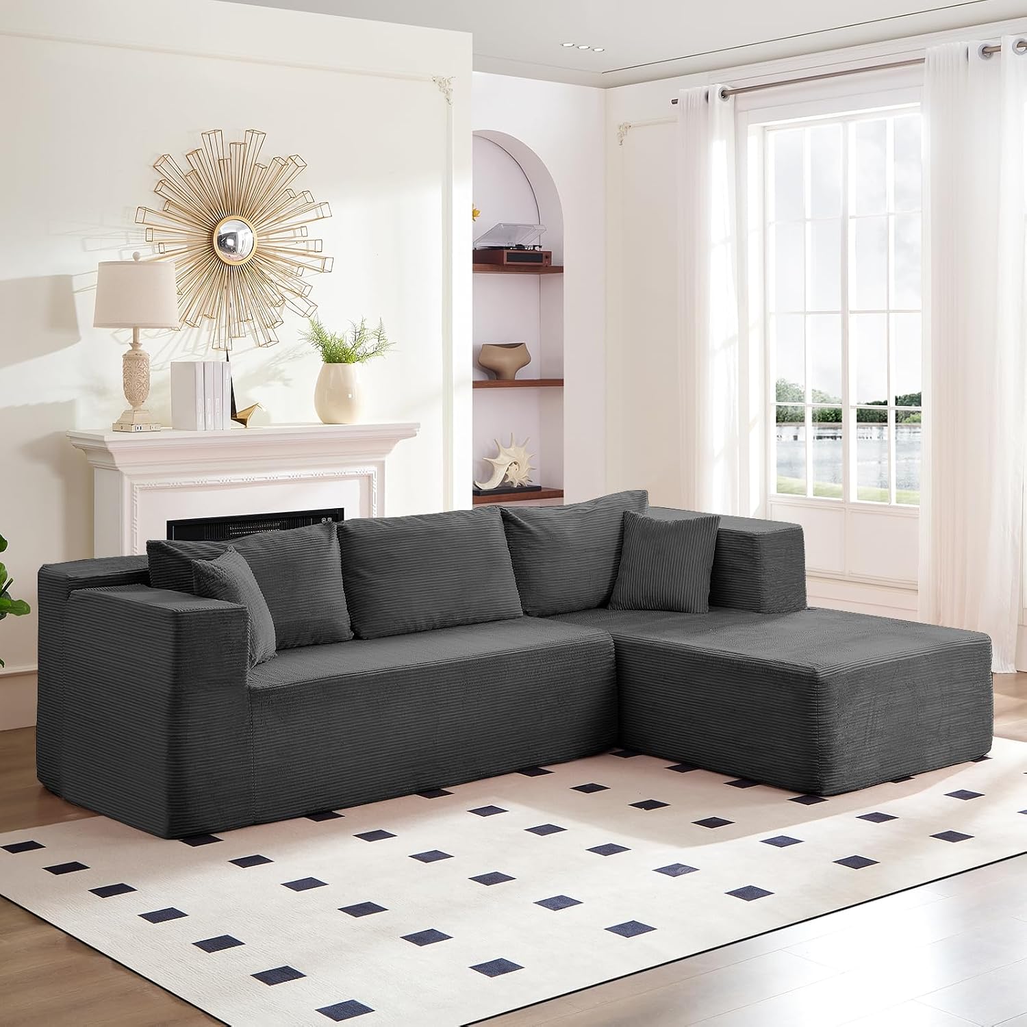 Mjkone 270CM Cloud Sectional Couch, Deep Seat Modular Sofa with Wide Armrests, L-Shaped Chaise Corduroy Fabric Couch for Living Room Apartment Home Office, No Assembly Required, Dark Gray