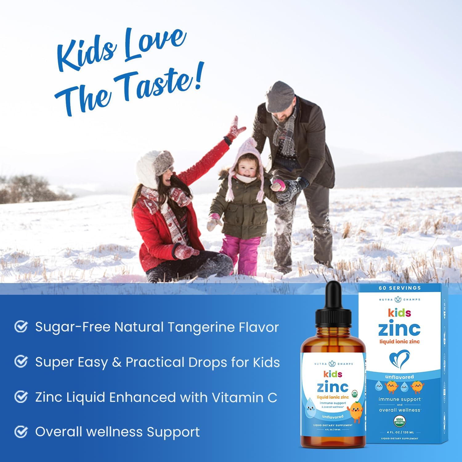NutraChamps Liquid Zinc Drops for Kids, Ionic Zinc Drops Enhanced with Vitamin C for Children, Sugar-Free 4 oz, Vegan & Non-GMO, Unflavored, 60 Servings, 2 Month Supply