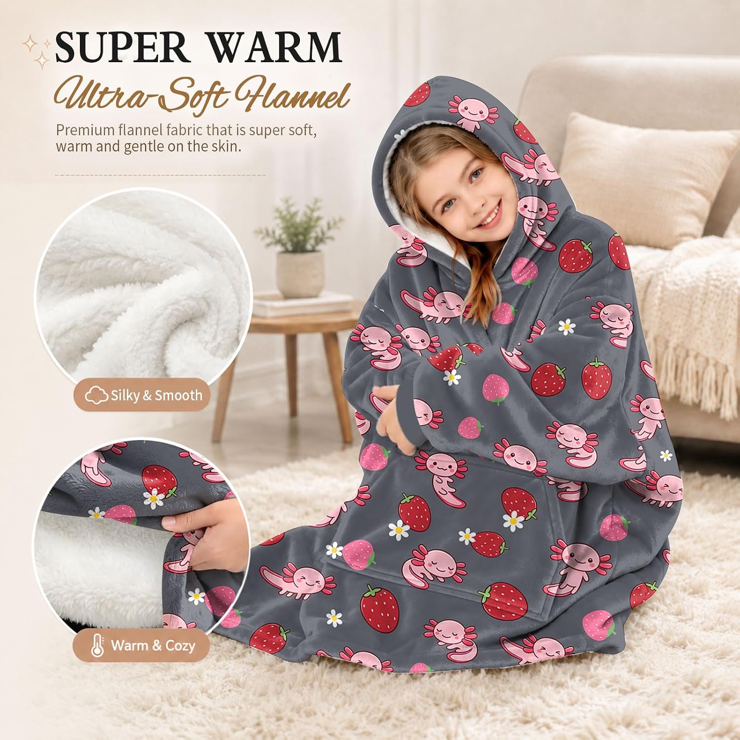 Axolotl Hoodie Blanket, Gray Wearable Blanket Gift for Girls Kids Child