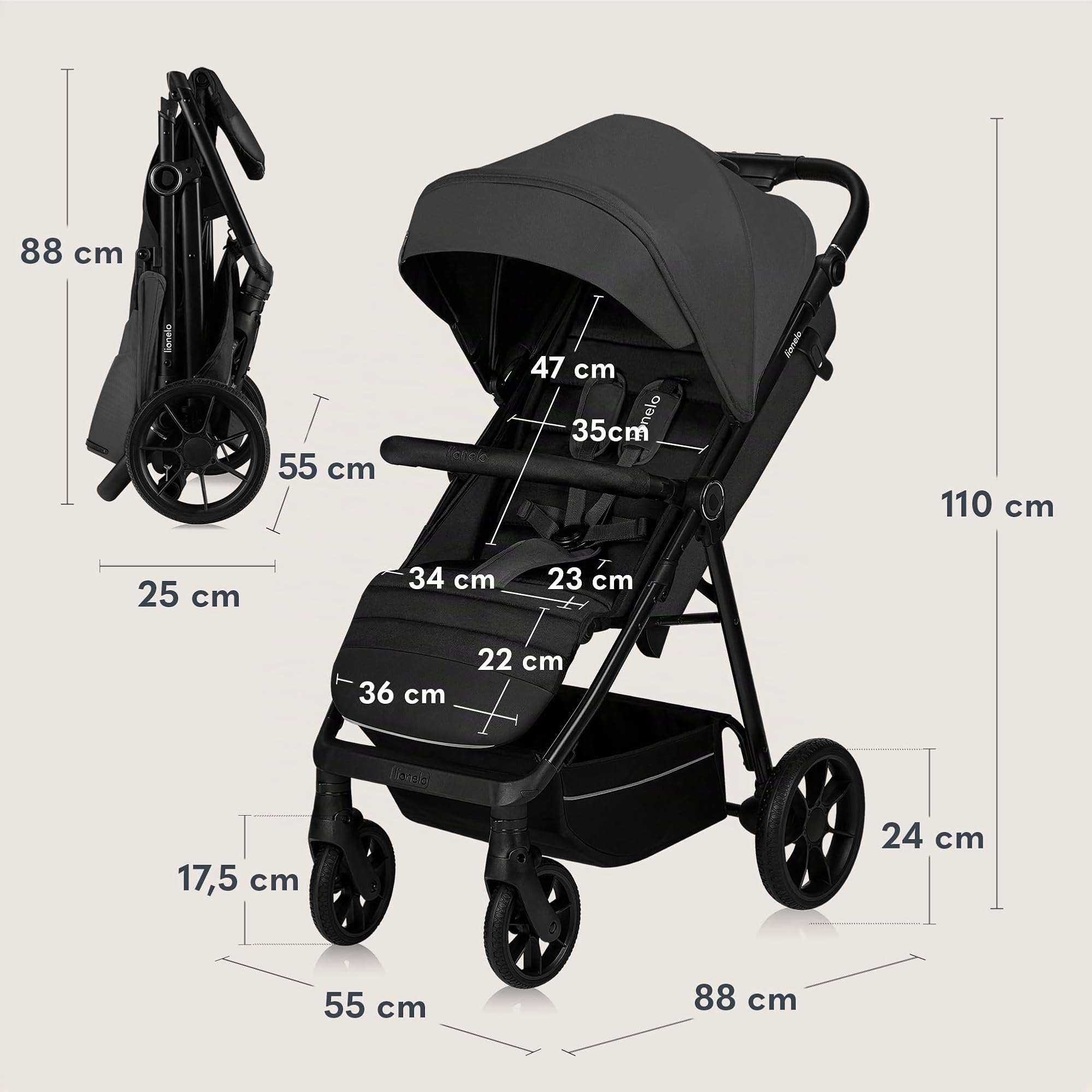 LIONELO MIRA Carrito bebé hasta 22 kg de 6 m a 4 años Ruedas giratorias 360° Amortiguación total Respaldo y reposapiés ajustables Capota XXL UPF50+ Amplia cesta hasta 3 kg