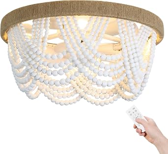 Boho Ceiling Fan with Light and Remote, 20 Wood Beads Flush Mount Ceiling Fans with 6 Speeds, Bohemian Caged Fandelier Chandelier Fan for Nursery Bedroom Living Room